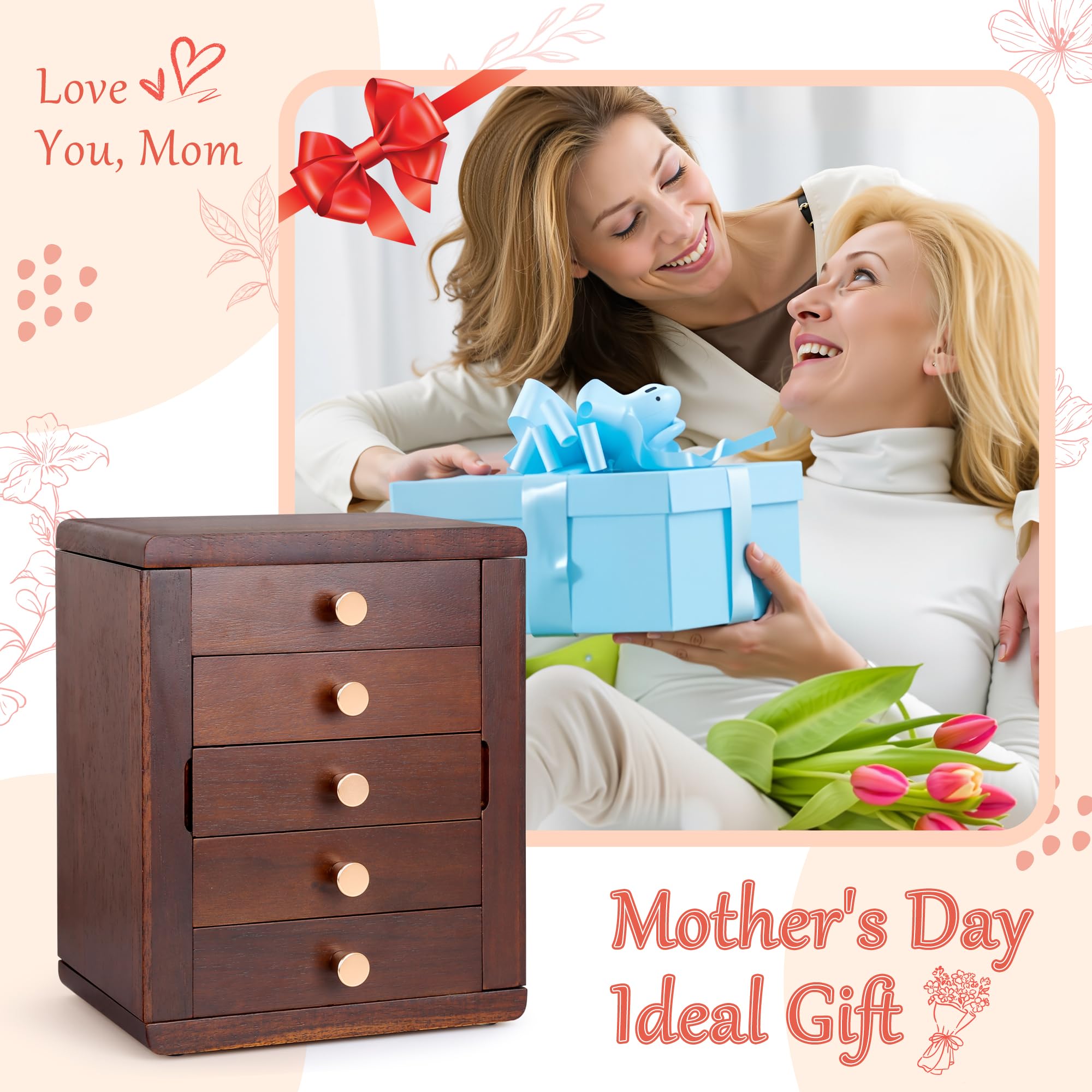 Kendal Joyero de madera para mujer, organizador de joyas de madera, caja organizadora de joyas de 5 capas con puerta lateral, organizador de joyas para aretes, collares, anillos