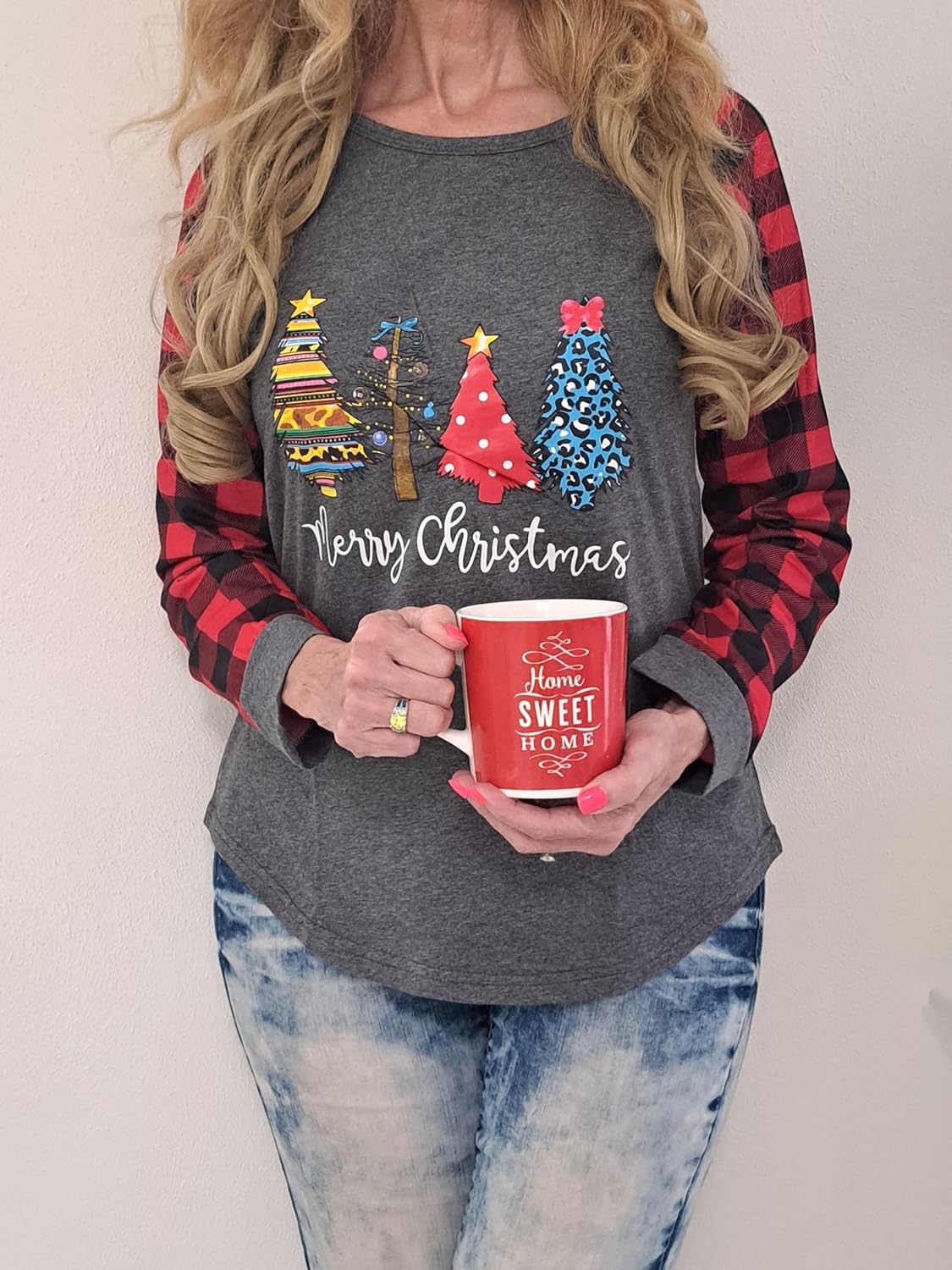 Womens Christmas Shirt Long Sleeve Crewneck Xmas Tee Tops Pliad Sleeve Holiday Outfits S-XXL - Image 5