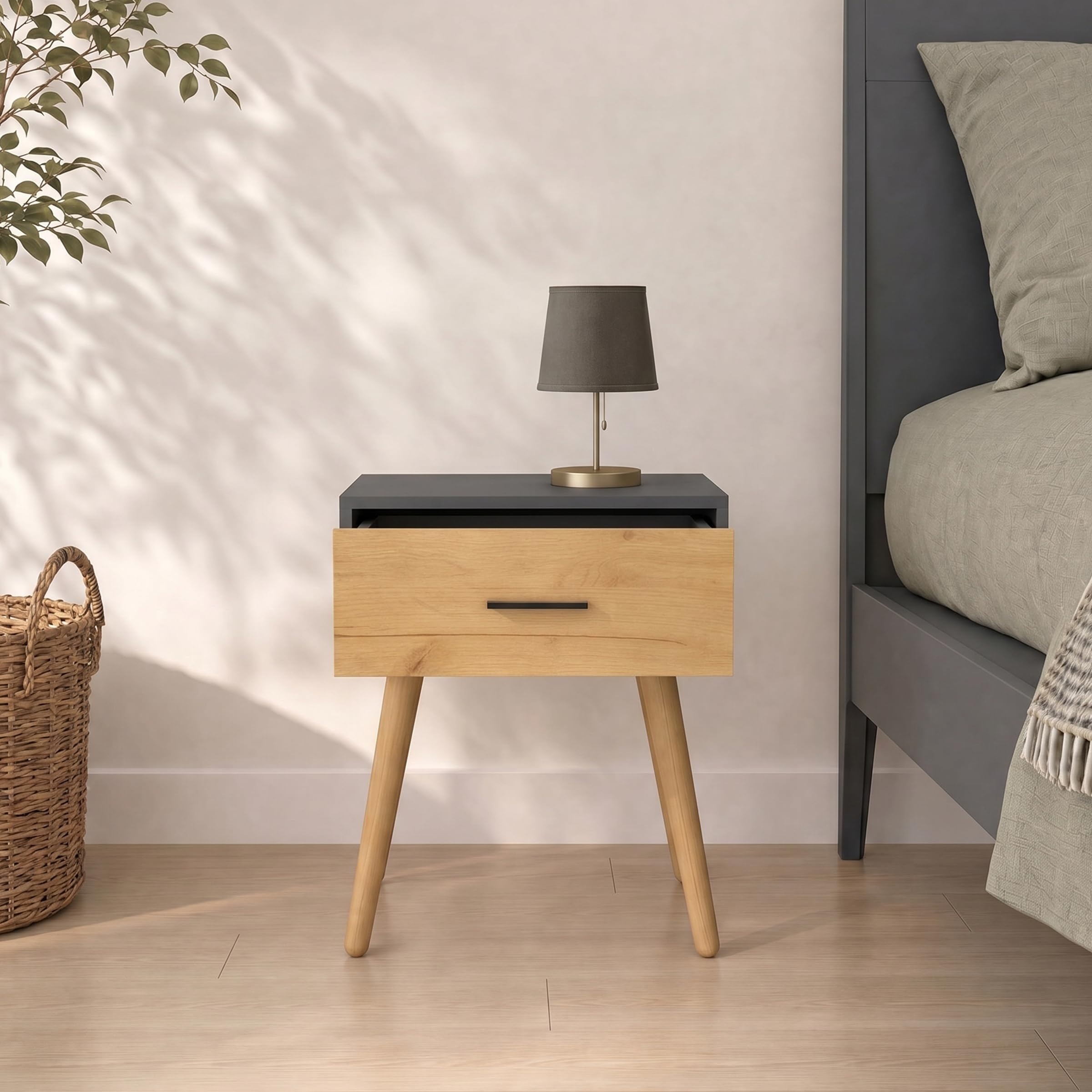 VCM Beistelltisch Nachttisch mit Schublade, 45 x 30 x 56 cm, Holzoptik, modernes Retro-Design - Singol L Anthrazit/Honig-Eiche