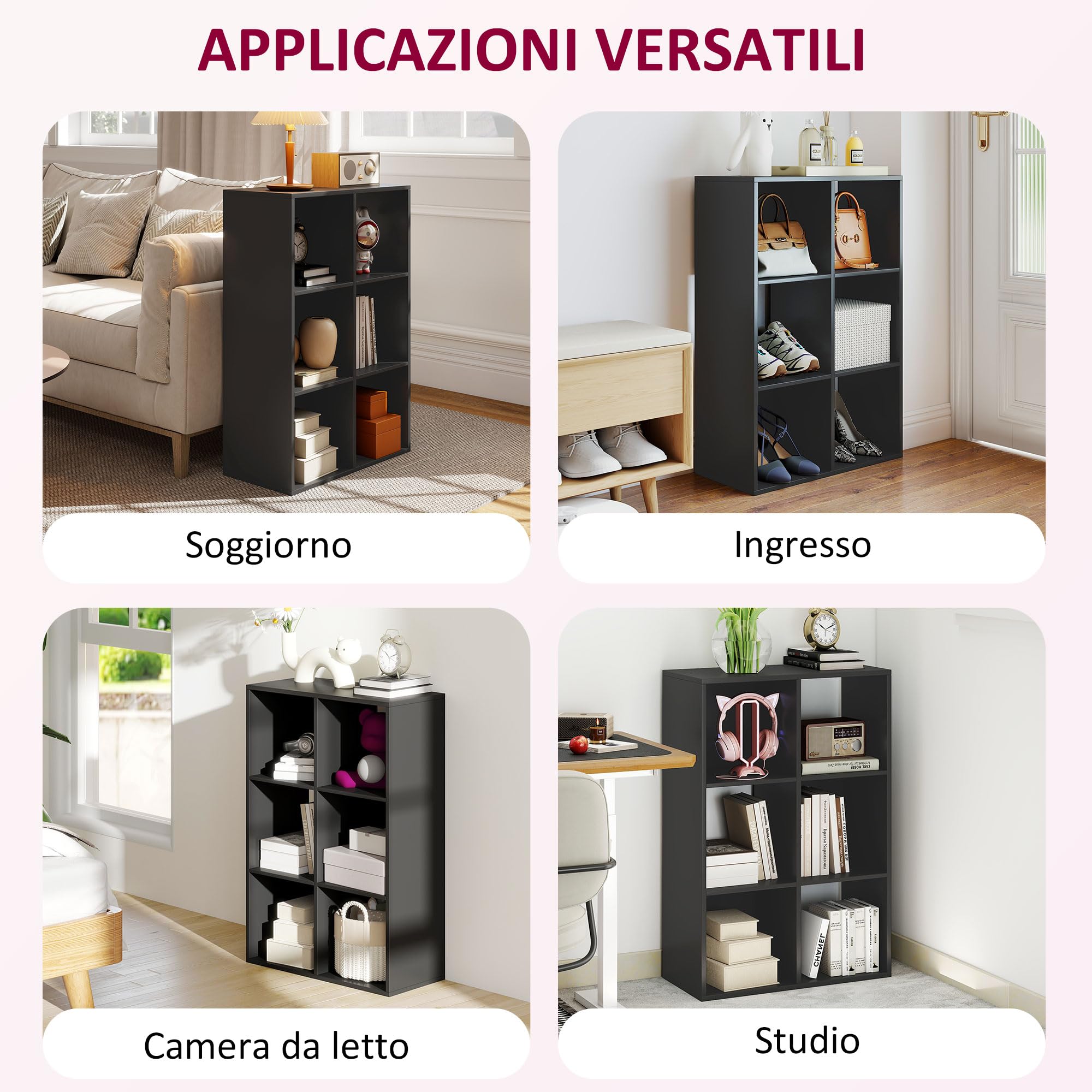 HOMCOM Libreria a Cubi con 6 Ripiani Portaoggetti dal Design Rustico, Libreria Moderna in Legno, per Cameretta, Studio, Ufficio, 61.5x29.5x91.5 cm, Nero