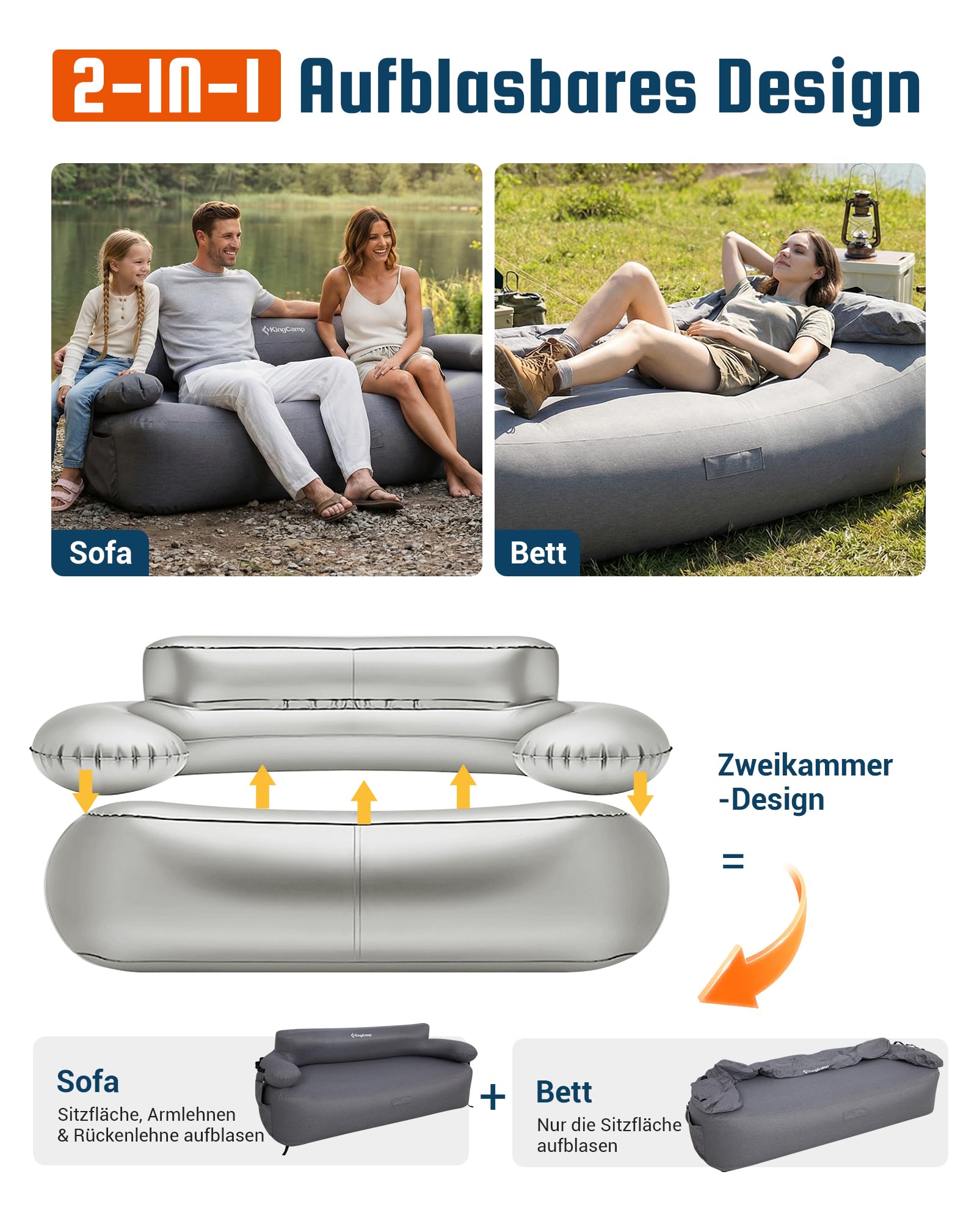 KingCamp Aufblasbares Sofa Camping mit Elektropumpe, 400 kg Belastbar Luftsofa Outdoor, Tragbarer Doppel Camping Couch Aufblasbar, Wasserdichtes Luft Sofa für 2 Personen, Reisen Strand Garten, Grau