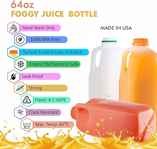 Miniatura 3 de EcoQuality [Paquete de 100] Botellas vacías de plástico para jugo con tapas a prueba de manipulaciones de 64 onzas, botellas de medio galón,