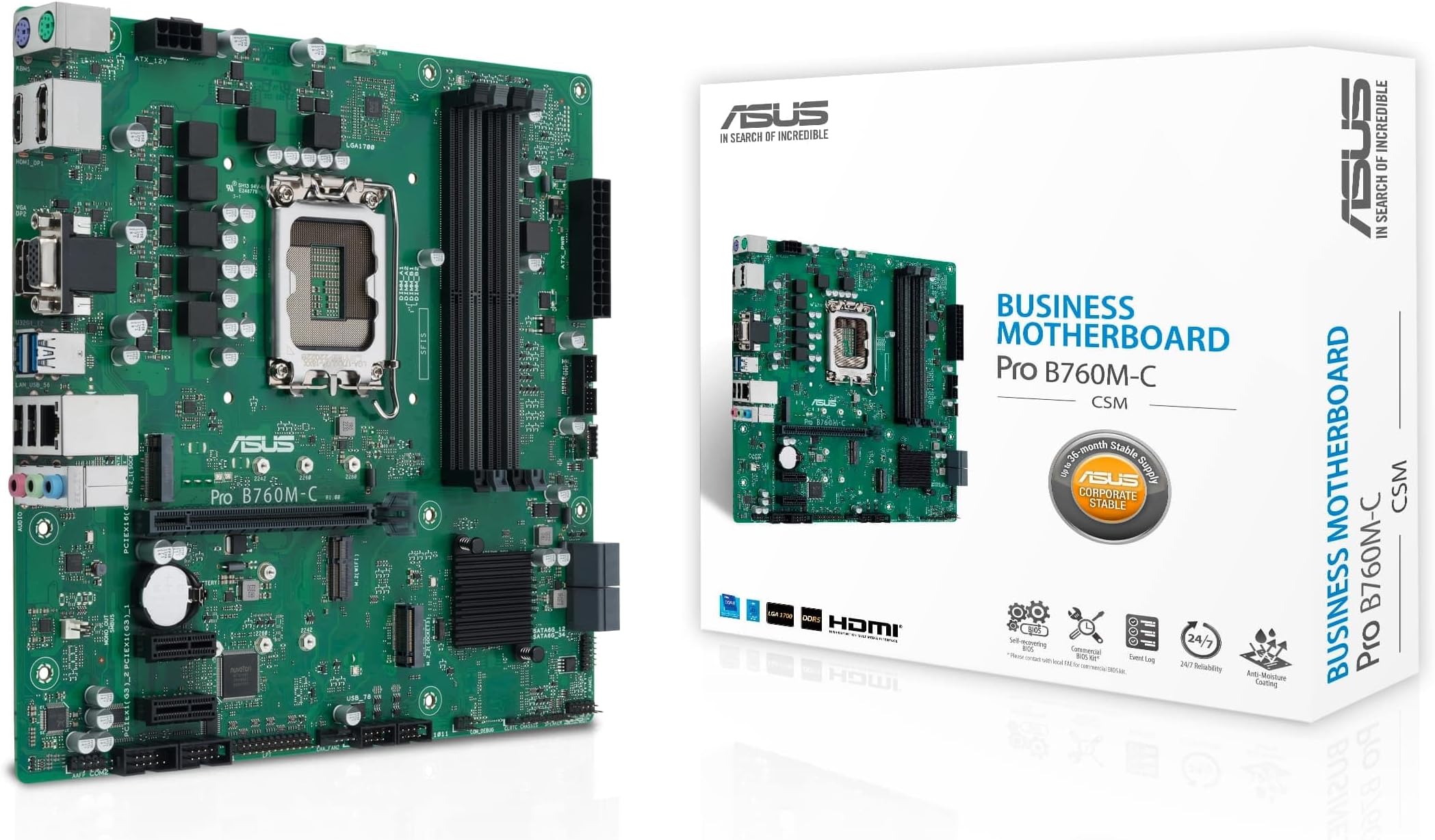 ASUS PRO B760M-C CSM Business Mainboard Sockel Intel LGA 1700 (mATX, CSM, Control Center Express, COM Debug Header, DDR5, PCIe 4.0, Q-LED Core)