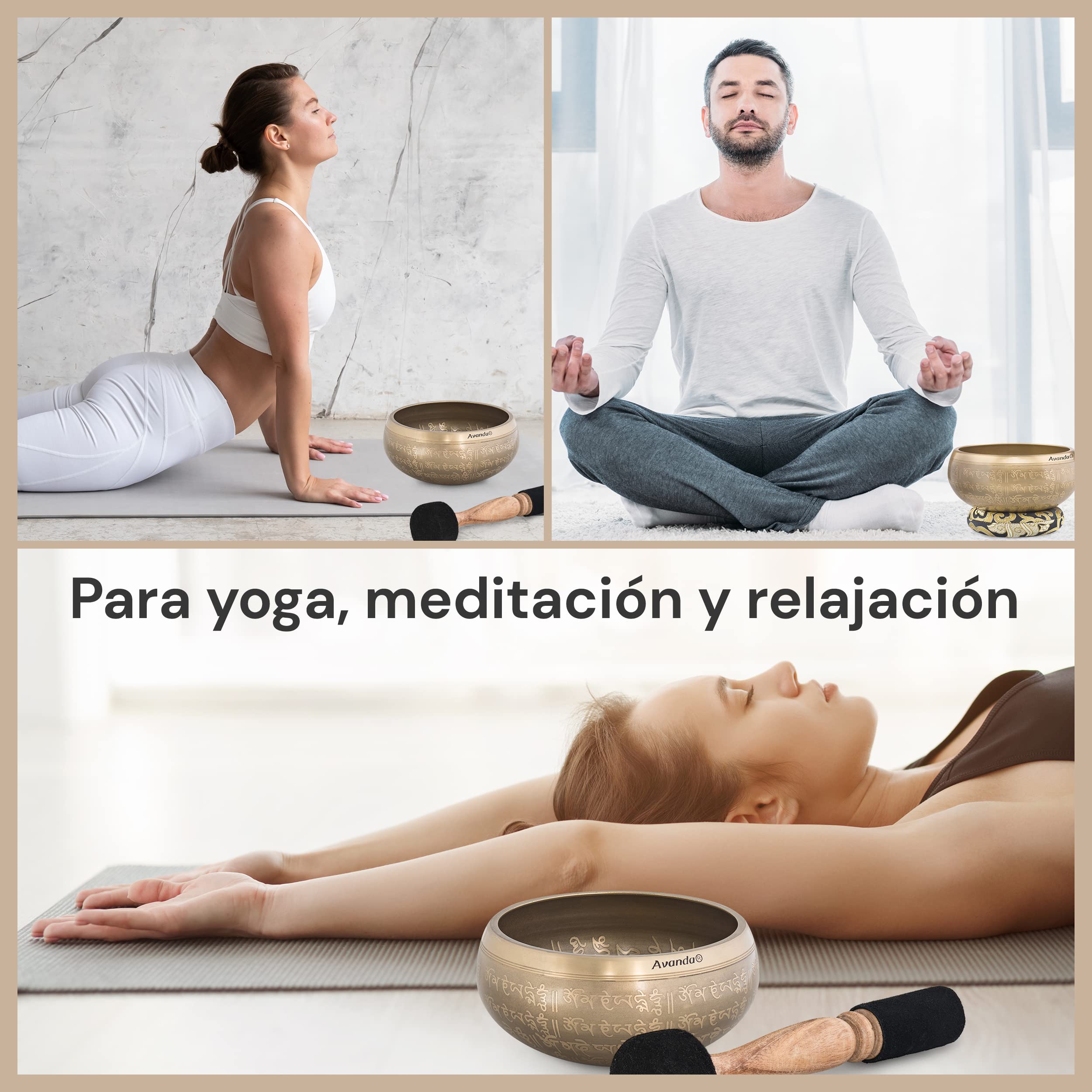 Juego de Cuenco Tibetano Om para Yoga, Meditación y Relajación - Cuenco Tibetano Pintado a Mano Ø 16 cm, Mazo Doble con Fieltro y Cuero, Cojín Anular, Bolsa e Instrucciones