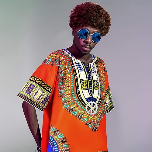 Miniatura 7 de Conjunto de disfraz hippie de los años 70 para hombre camisa hippie peluca marrón lentes de sol signo de la paz collar