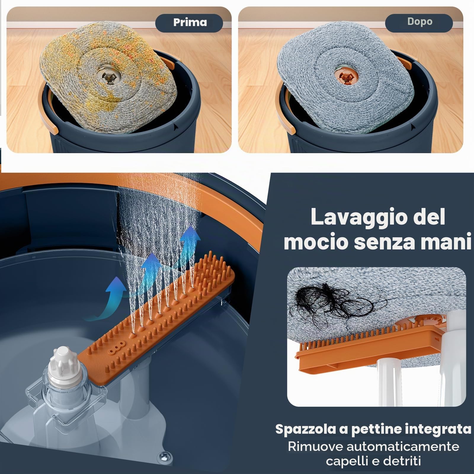 LIFEZEAL 2 Moci, Mop, Mocio Lavapavimento Professionale Rotante, 9 Panni, Strizzatore, Doppio Secchio, Filtro, Scarico, Lunghezza Regolabile, Separazione di Acqua, Leggero, per Diverse Superfici, Blu