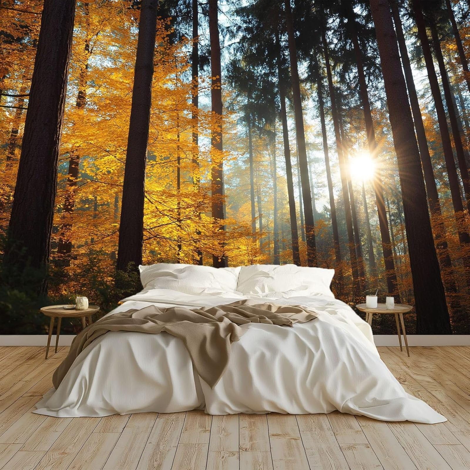 Wallpaper Autumn Forest Leaves Photo Wallpaper Wall Decor Wallpaper Wall Mural Decoration Study Room Living Room Restaurant Cafe Decor, Yellow, 350cm x 256cm Stickers - Frameless Painting - Poster