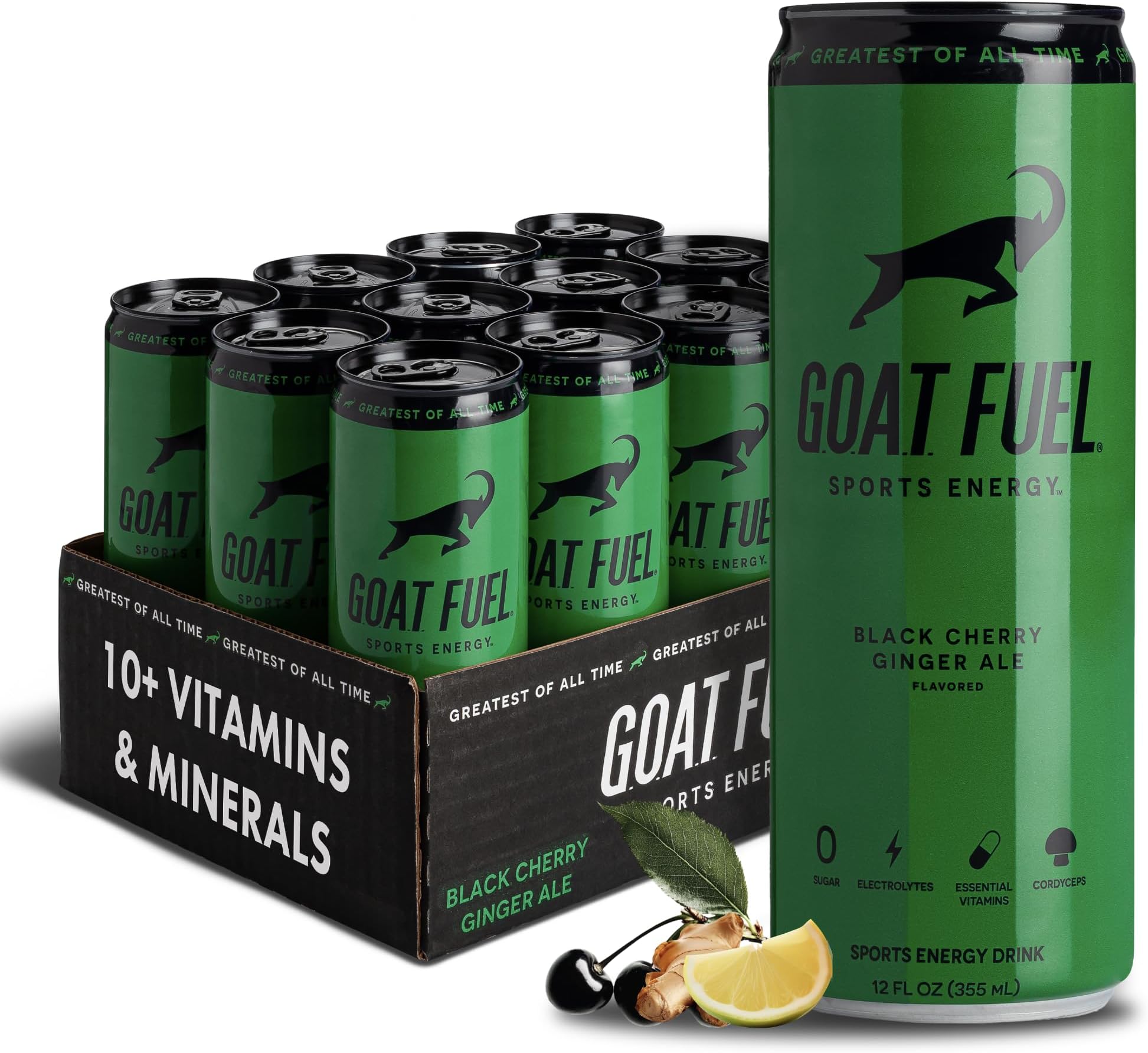 G.O.A.T. Fuel Energy Drink, Co-Founded by Jerry Rice, Natural Caffeine, Electrolytes, BCAAs, Cordyceps & Antioxidants, Light Carbonation Pre Workout, 12 Pack, 12 FL Oz, Black Cherry Ginger Ale