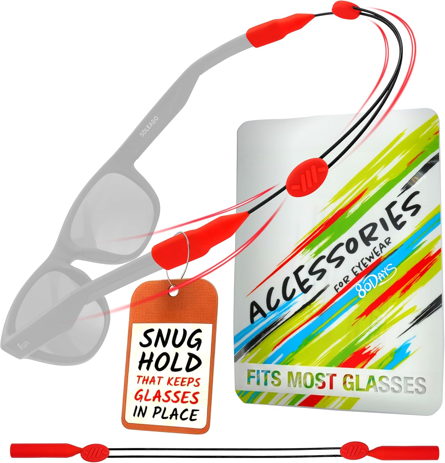 80Days Adjustable Eyeglass Strap: Wire Cable Retainer for Glasses and Sunglasses with Silicone Grips, Secure Fit