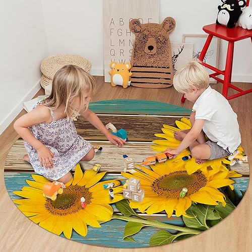 Miniatura 4 de Alfombra redonda de girasol verde azulado de 3 pies, lavable para interiores y exteriores, para dormitorio, cocina, baño, sala de estar, casa de