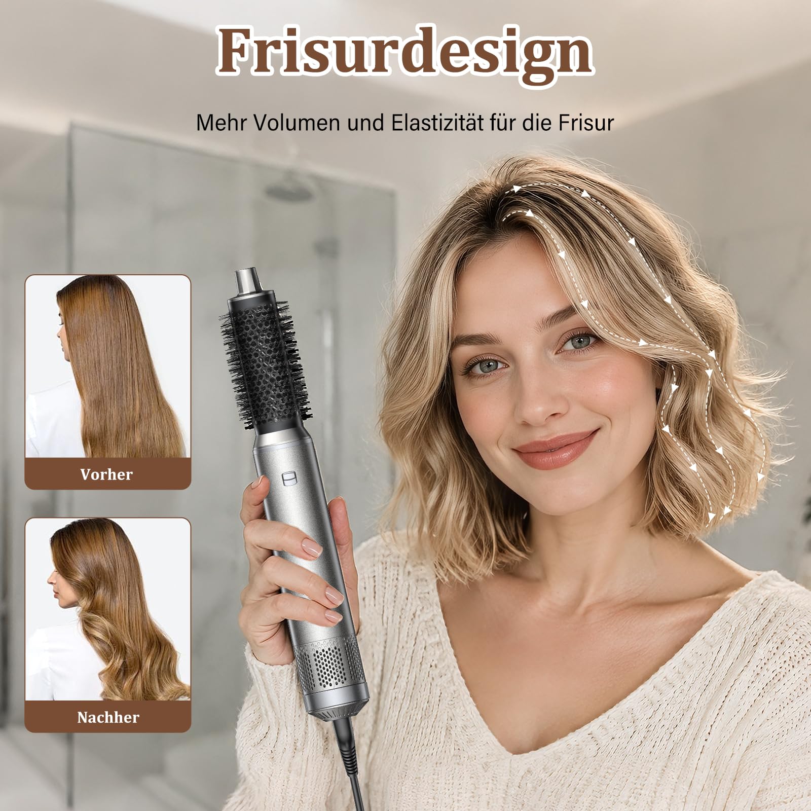 5 in 1 Hairstyler - Professionelle Airstyler mit Ionen Föhn, Lockenstab Automatisch, Warmluftbürste, Glättbürste und Volumen Styling für schnelle Frisuren zu Hause, Büro und Reisen Silber