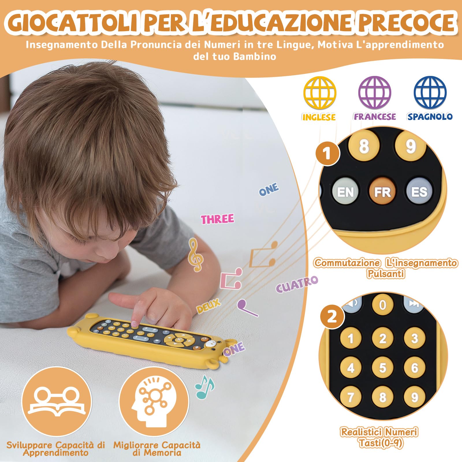 Orzbow Telecomando Giocattolo, Giocattoli Musicali Educativi per Bambini con Effetti Sonori Diversi, Giocattoli Sensoriali per Neonati Regalo per Bambini e Bambine, con Copertura in Silicone