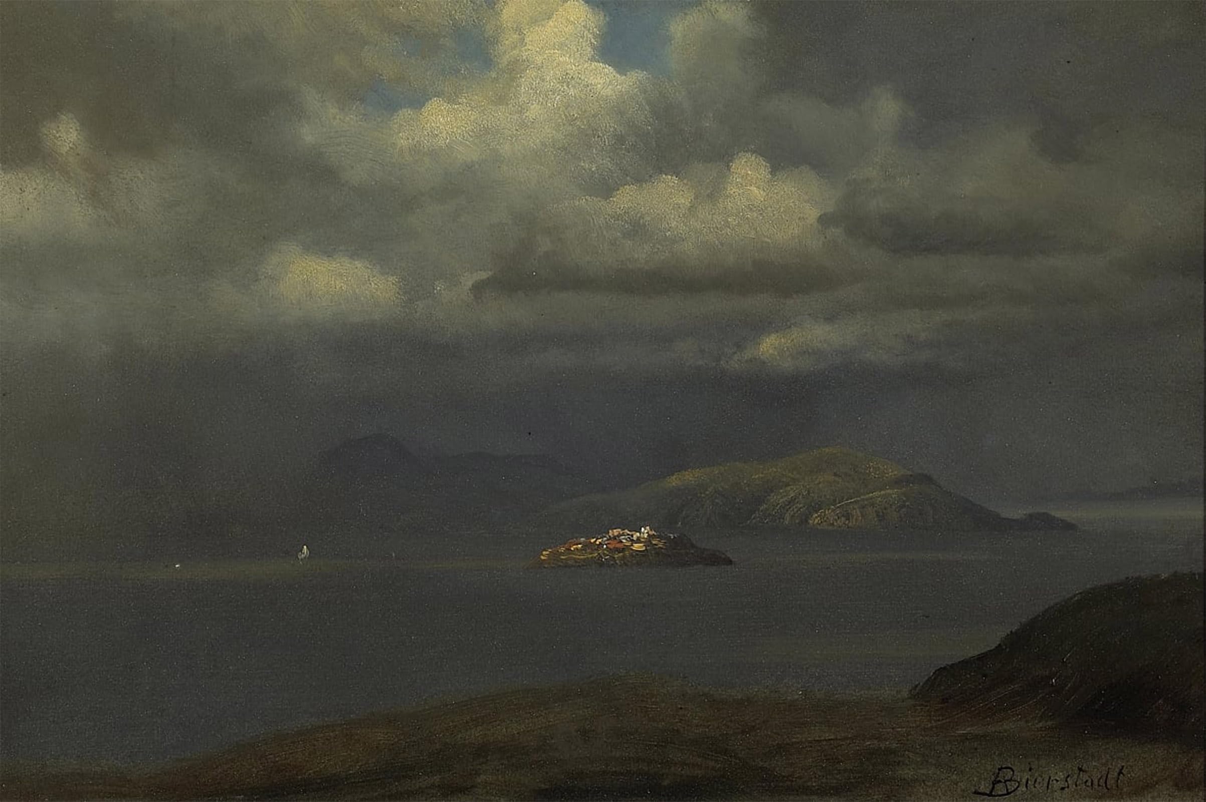 ARTXLXXBN Famous Painting Canvas Artwork Graffiti Print Alcatraz San Francisco Bay by Albert Bierstadt Portrait Canvas Image for Home Decor 60x90cm