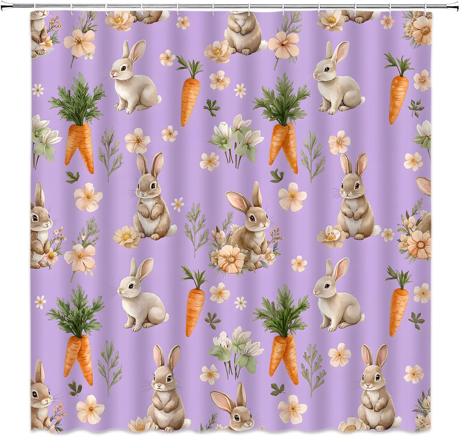 AMFD Easter Bunny Shower Curtain Spring Floral Cute Rabbit Carrots Yellow Bathroom Curtains Decor Fabric Set Include Hooks,(70" Wx84 H)
