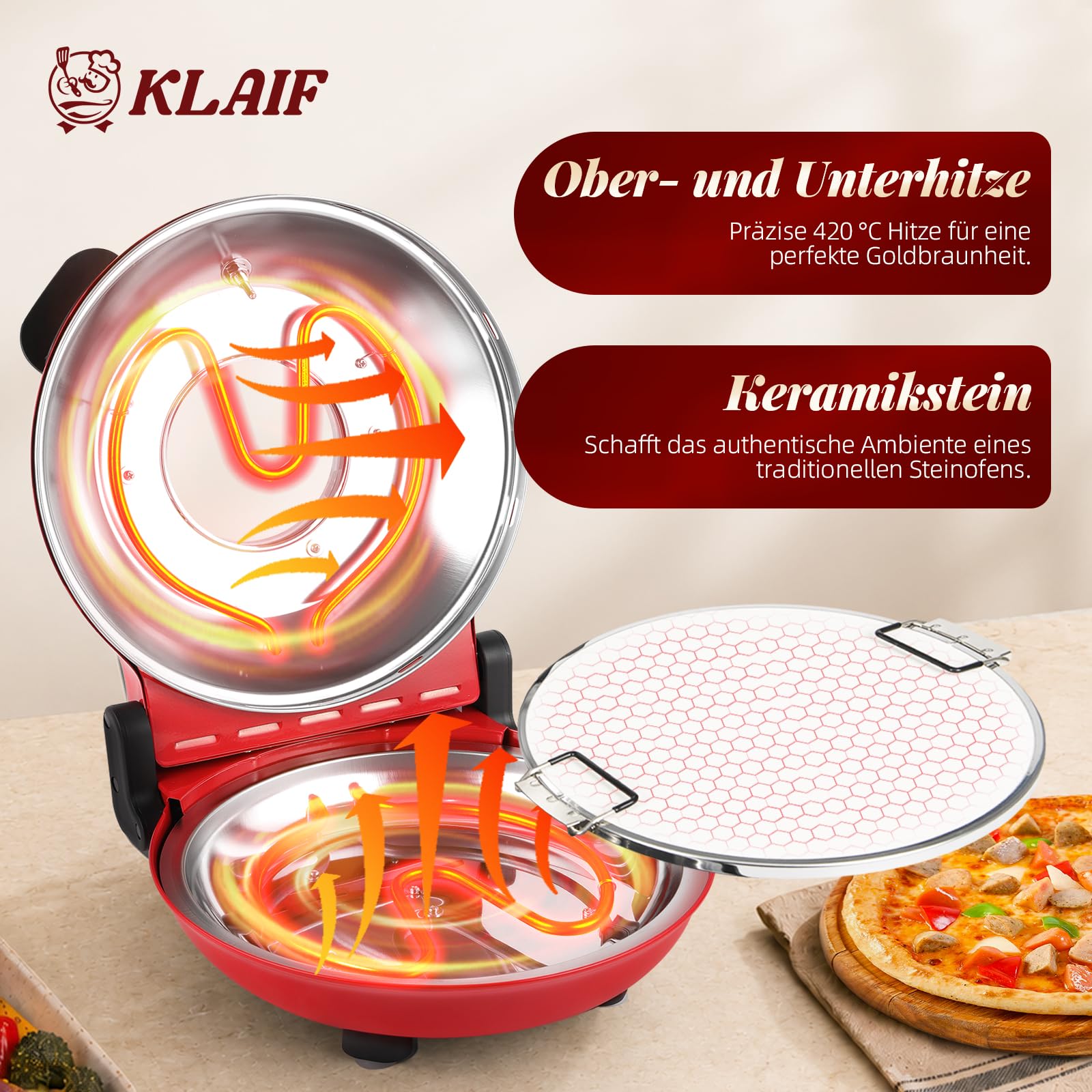 KLAIF Elektrischer Pizzaofen 420 °C, separat regelbare Ober- und Unterhitze, 31 cm Keramik-Pizzastein, inkl. 4-teiligem Pizzazubehör-Set, 1200 W, Modell LMR-Rot
