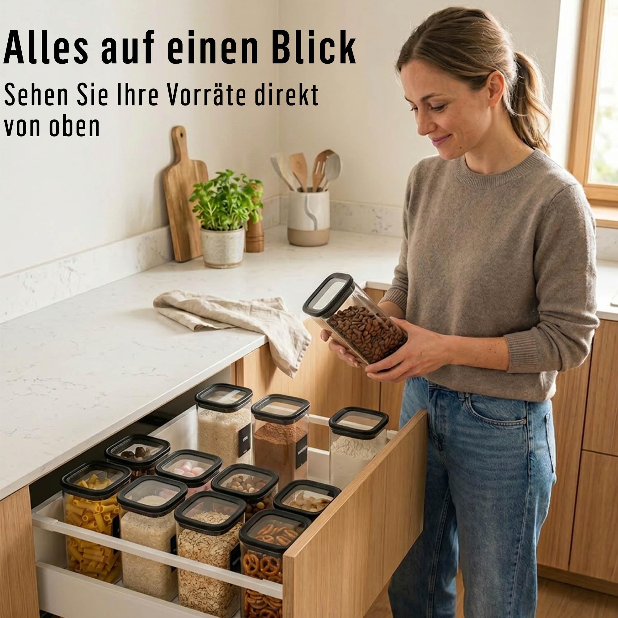 Deco haus Vorratsgläser Eckig mit Glasdeckel 6er-Set 1600 ml [+ Etiketten] | Vorratsdosen glas 6x1600ml - Nudeln, Müsli, Mehl Aufbewahrungsgläser - Glasbehälter & Töpfe - Vorratsbehälter Glas