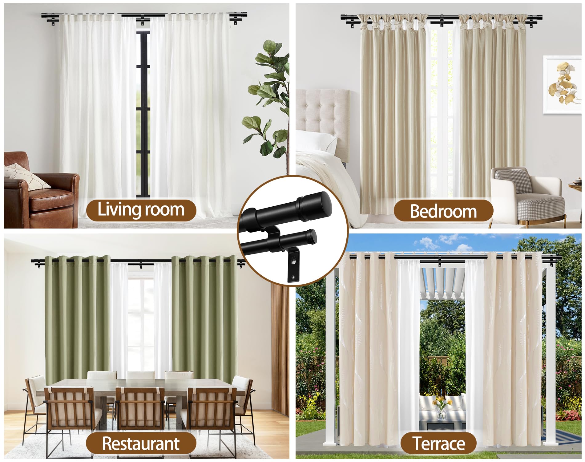 HOTOZON Negro Barra de Cortina Doble 80-218 cm, 25 mm Diámetro Barra Cortinas Extensible con Remates Clásicos, Juego de Barra de Cortina Doble para Baño, Salón, Dormitorio
