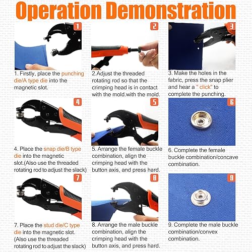 Miniatura 13 de NVAAV Juego de 60 herramientas de cierre a presión, botones de metal de 0.59 pulgadas + alicates resistentes para cuero, broches de cubierta