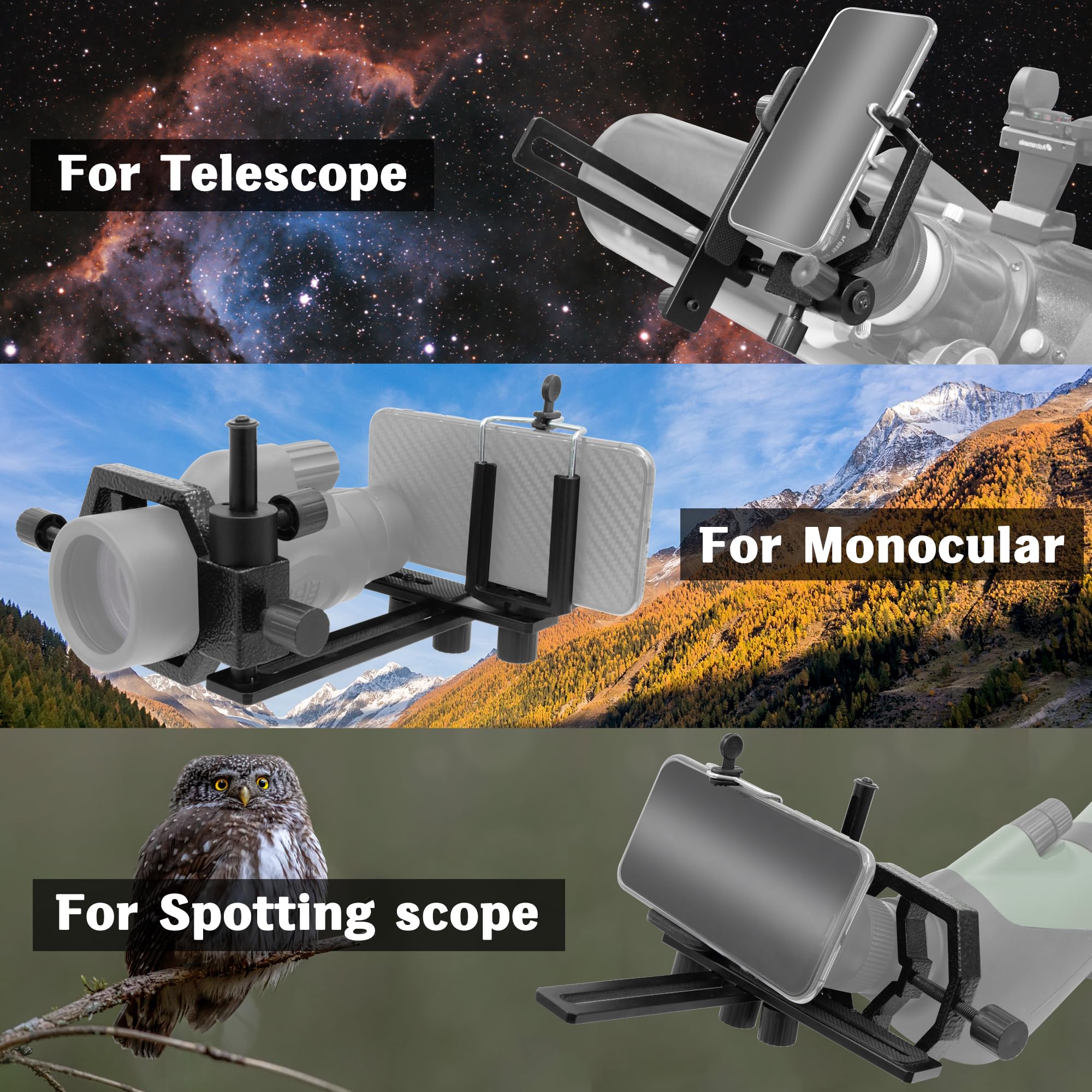 Soporte universal para adaptador de cámara de telescopio para teléfono celular, funciona con telescopio, telescopio, microscopio, monocular, binocular
