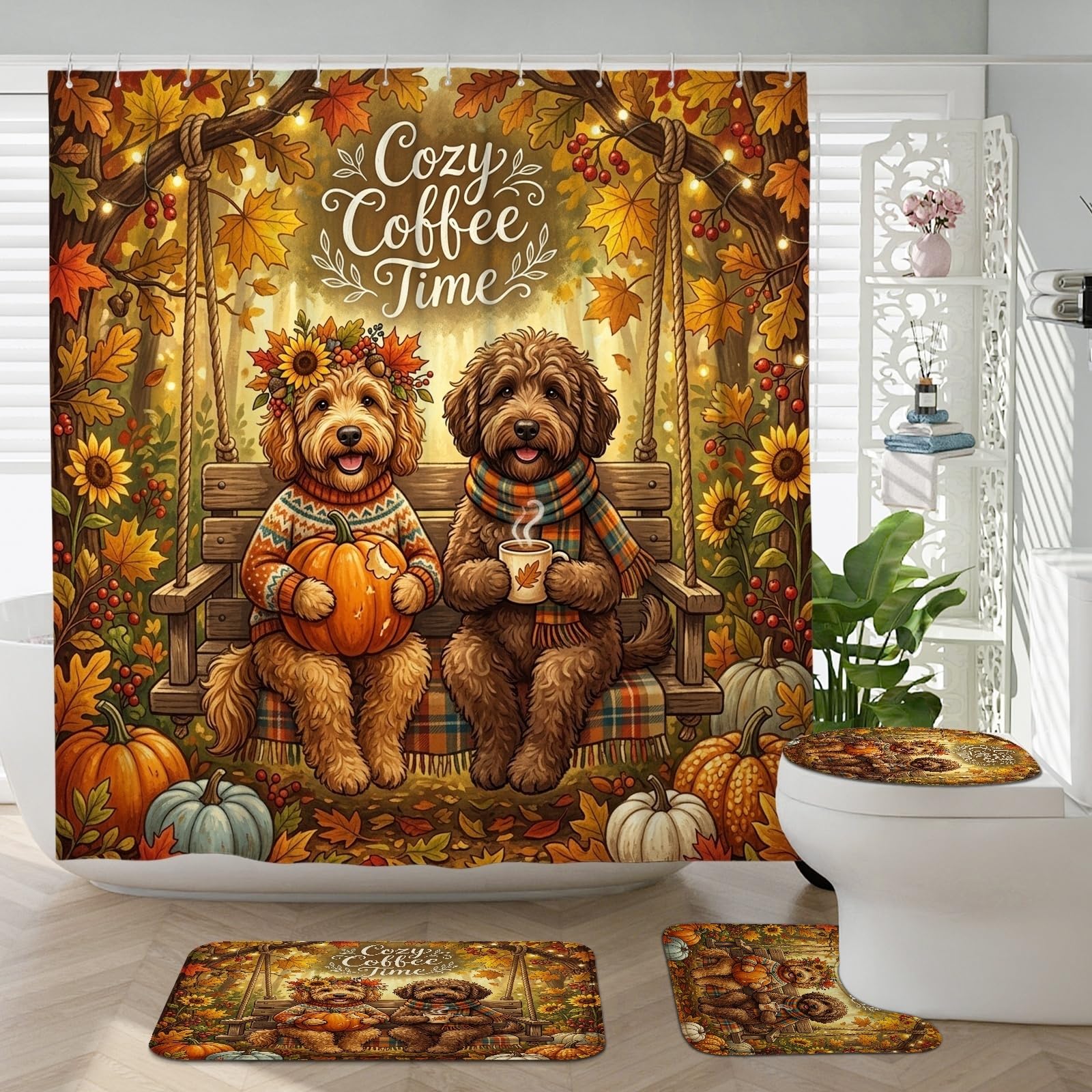 Ensemble salle de bain Labradoodle d'automne avec tapis en U et rideau 183x183 cm