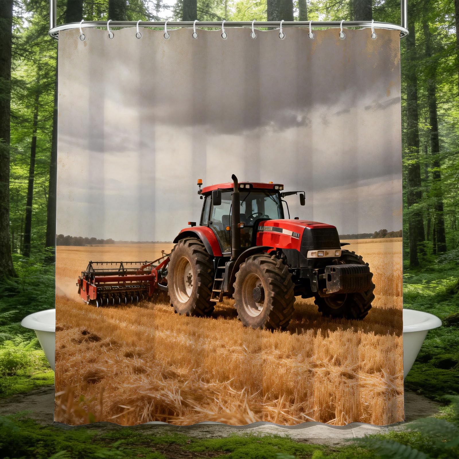 Hongduo 3D Red Tractor Shower Curtain for Stalls Bathtubs Machinery Bathroom Decor Shower Curtain Set Polyester Fabric Waterproof 180x200cm/71X79 Inch with Hooks