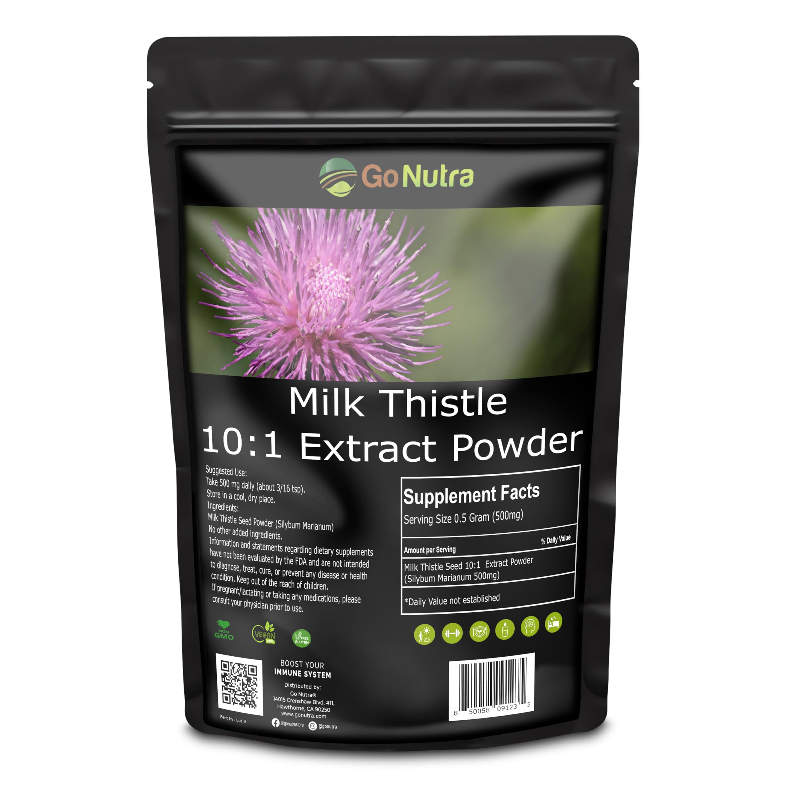 Go Nutra Milk Thistle Powder 1 lb. | Milk Thistle Extract 10:1 Strength Silymarin | Silybum Marianum Herbal Supplement Non-GMO
