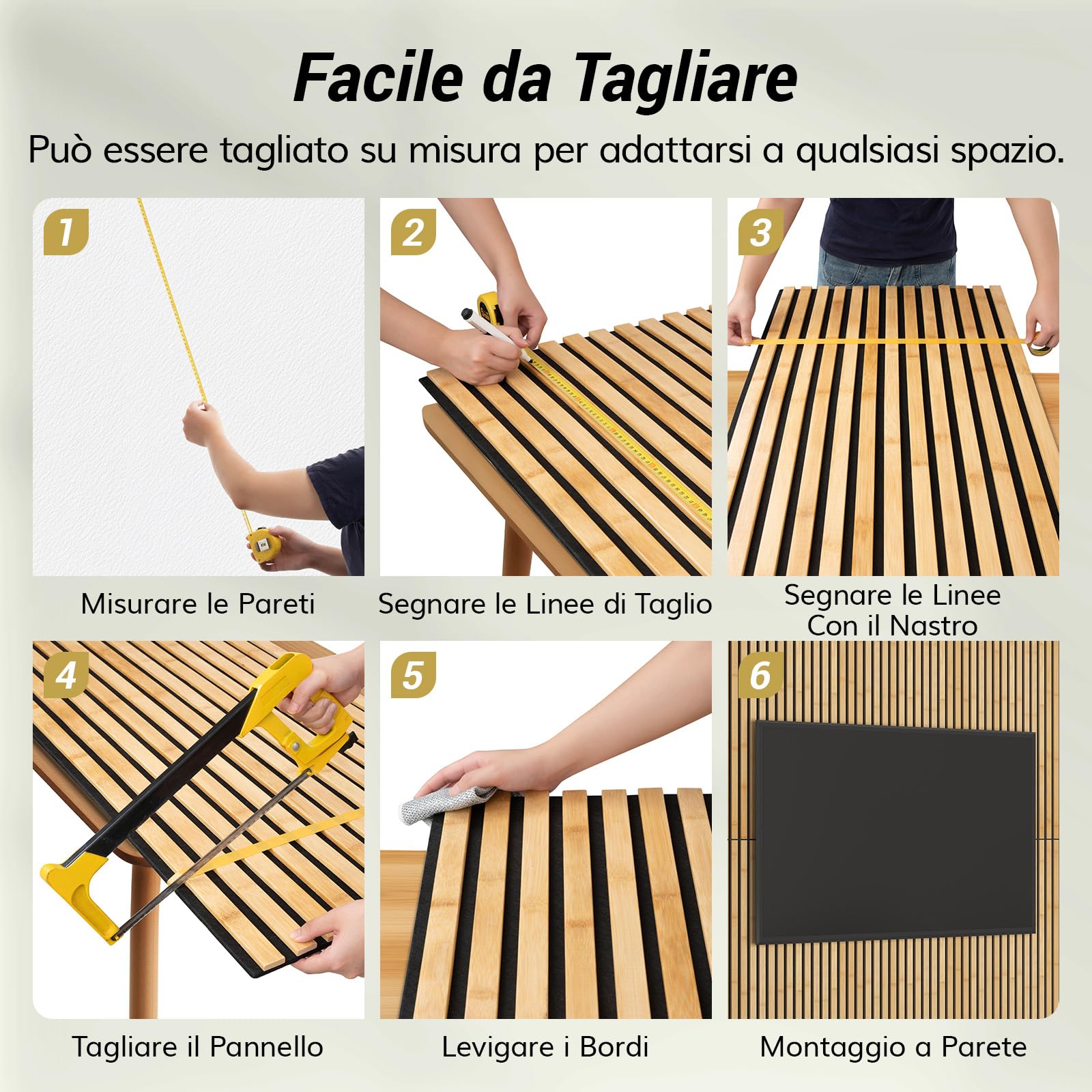 TONOR Set di 4 Pannelli Fonoassorbenti in Bambù Per Pareti, 110 x 52 x 1,7 cm Pannelli Acustici a Doghe Con Adesivo Completo, Pannello Insonorizzante per Parete Tv, Arredamento D'Interni, Casa, Porte