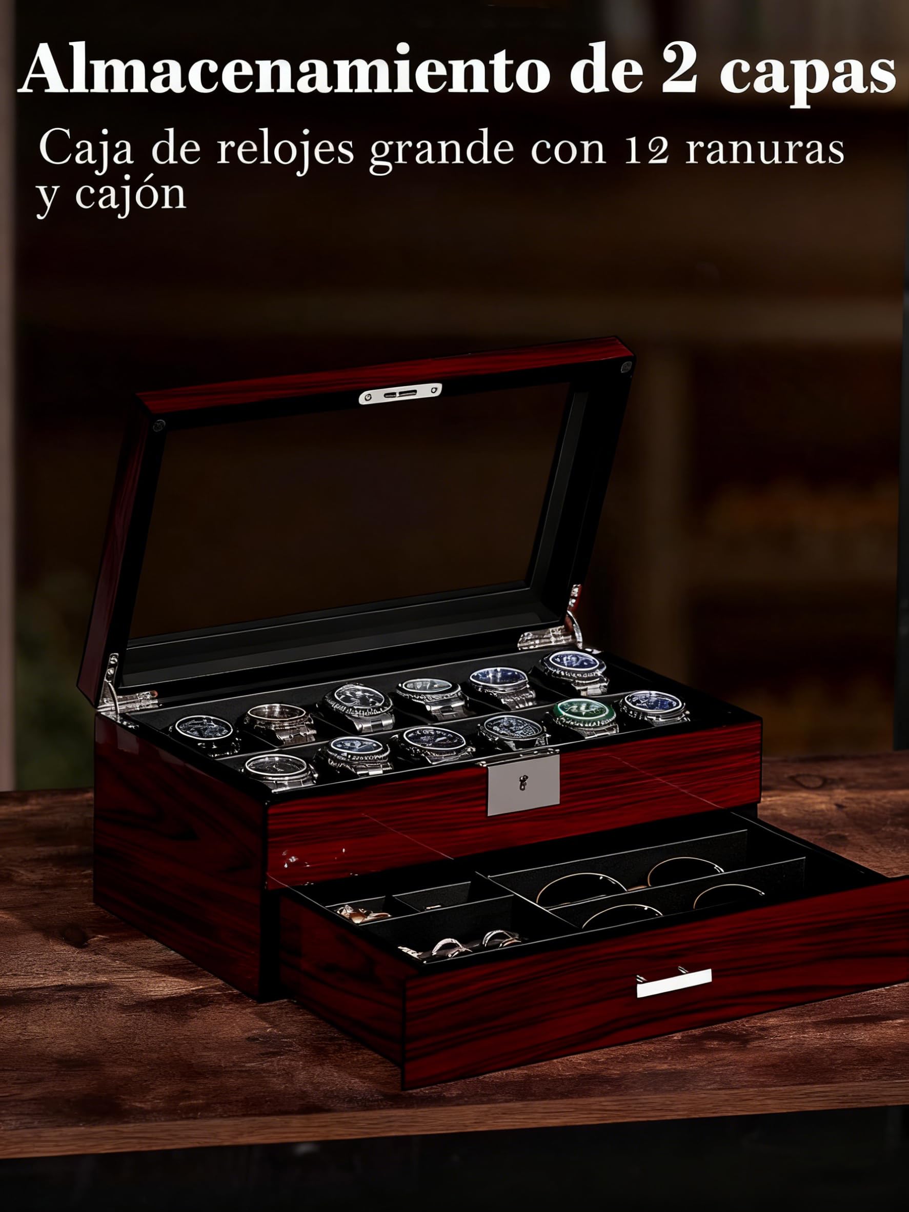 ANWBROAD Caja de reloj de 12 ranuras para hombre con tapa de cristal grande, 2 niveles, organizador de relojes con cerradura, organizador de relojes de lujo para regalo JWB003Y
