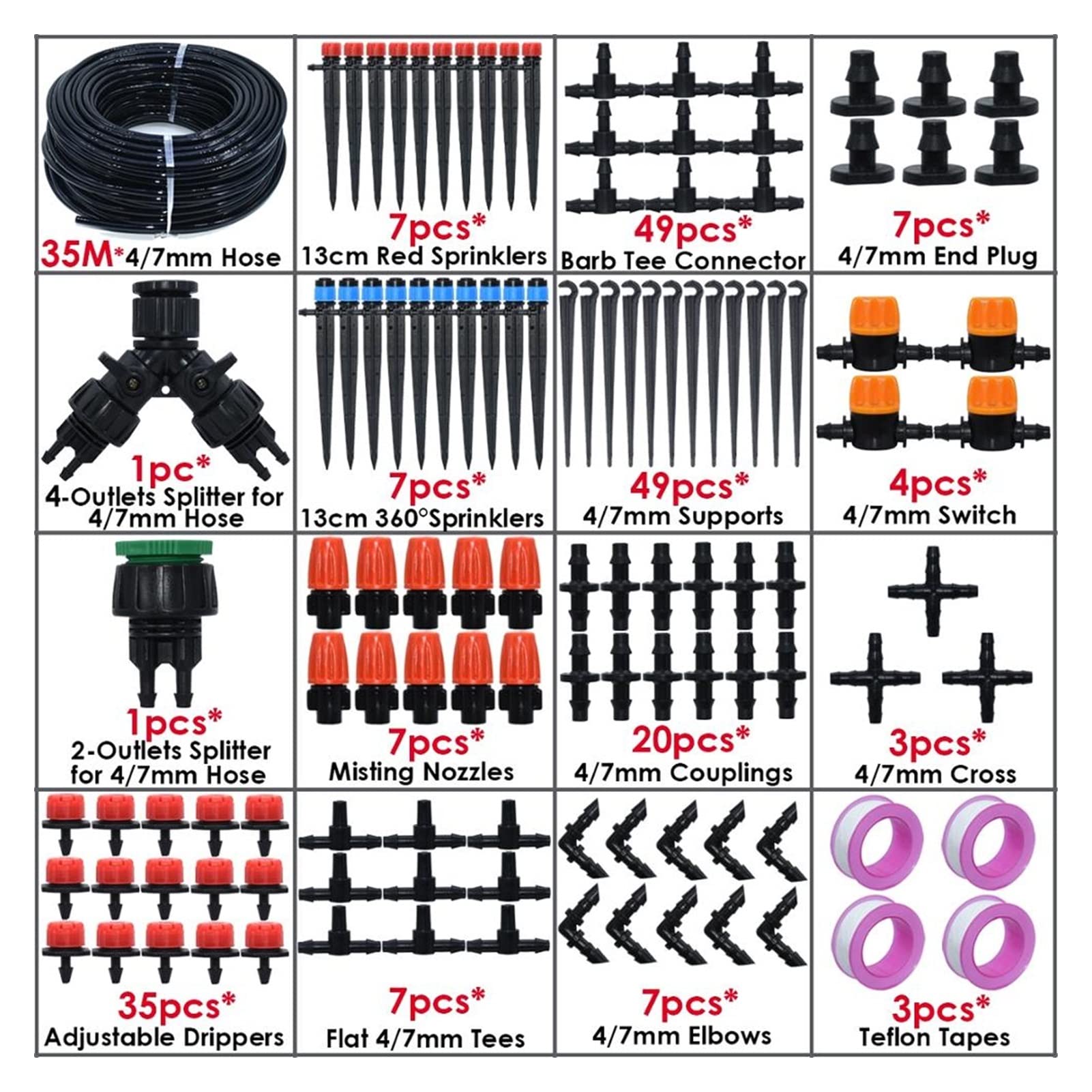 Zestaw do nawadniania kropelkowego 5-50 m DIY Micro Drip System nawadniania 4/7 mm Automatyczny nawadnianie roślin 8/4/2 Outlet Diverter Garden Hose Kit Regulowany Dripper (Kolor: KSL01-KIT290-35M)