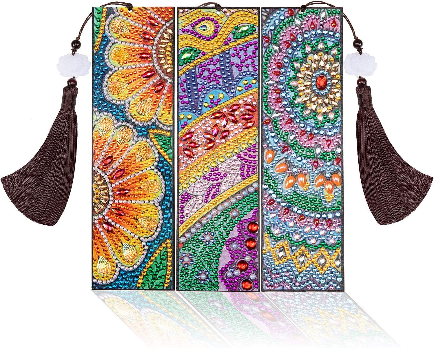 Diamond Painting Bookmark, 3 Pcs Mandala Tassel Floral Bookmark, DIY Beaded Bookmarks Leather Tassel Bookmark for Valentine's Day Graduation Birthday Embroidery Arts Crafts, for Bookmark Lovers