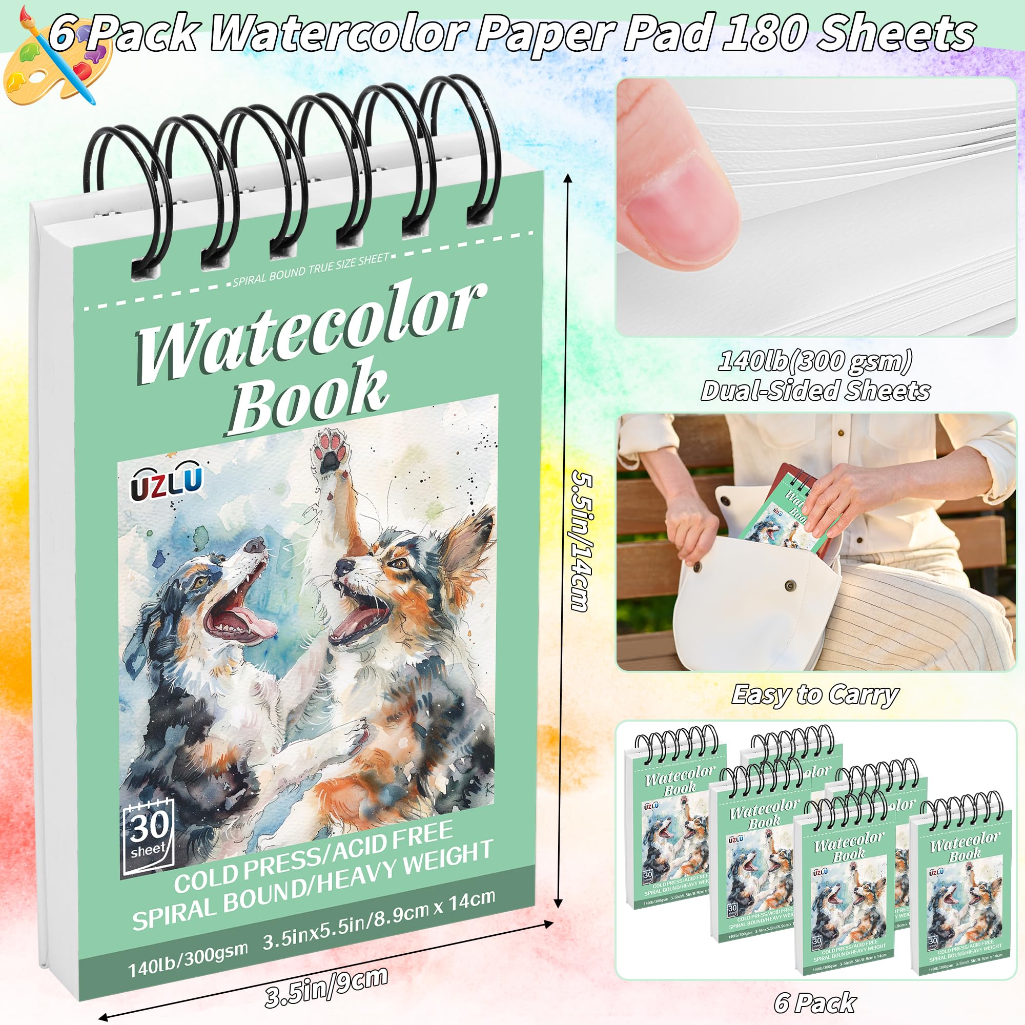 Lot de 6 blocs de papier aquarelle de 8,9 x 14,9 cm, 63,5 kg/300 g/m², presse à froid, sans acide, 180 feuilles de papier aquarelle à spirale pour supports humides et secs, idéal pour adultes