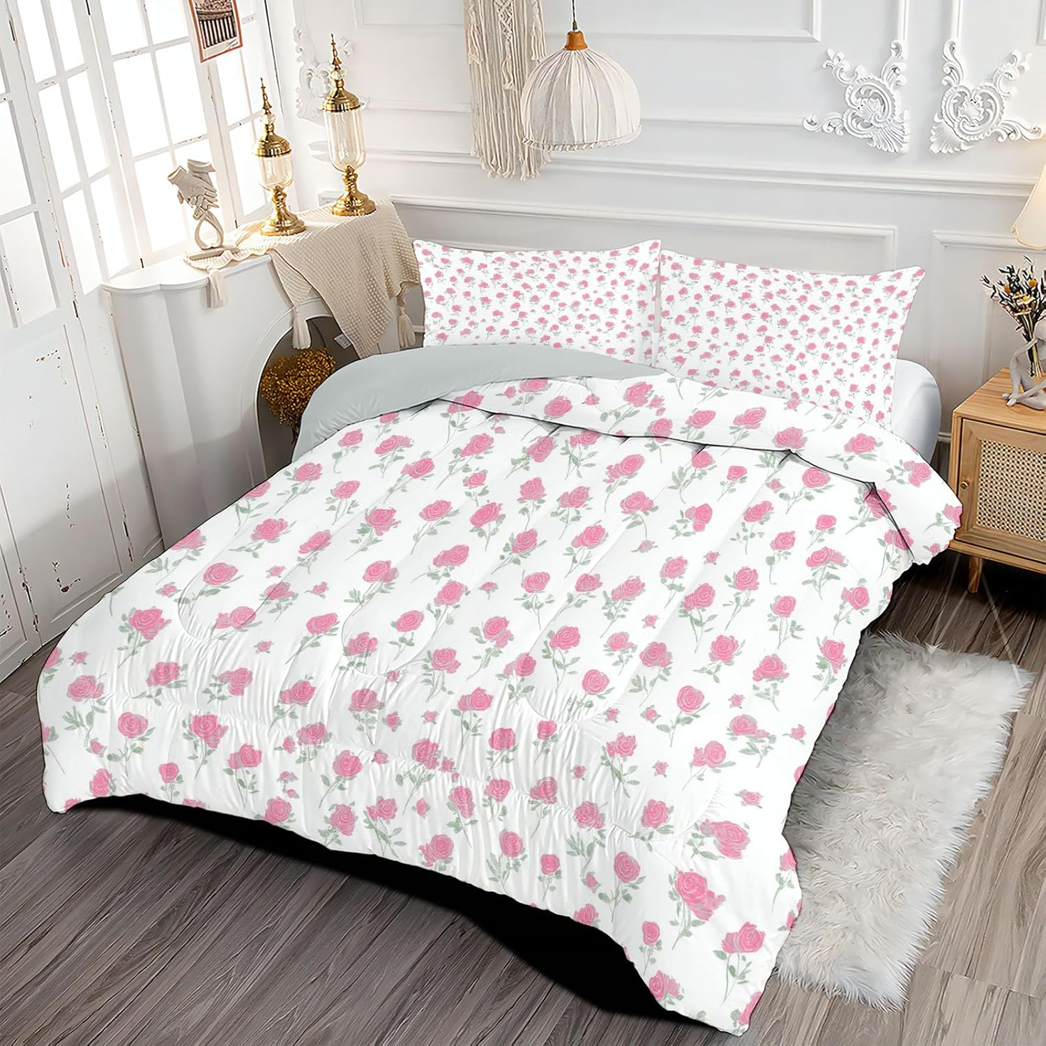 Twin Comforter Set Light Pink Comforter Cute Rose Florals Bedding Sets 2 Pieces Lightweight Washable Bed Comforters 1 Soft Reversible Medieval Illustrations with Pillow Shams