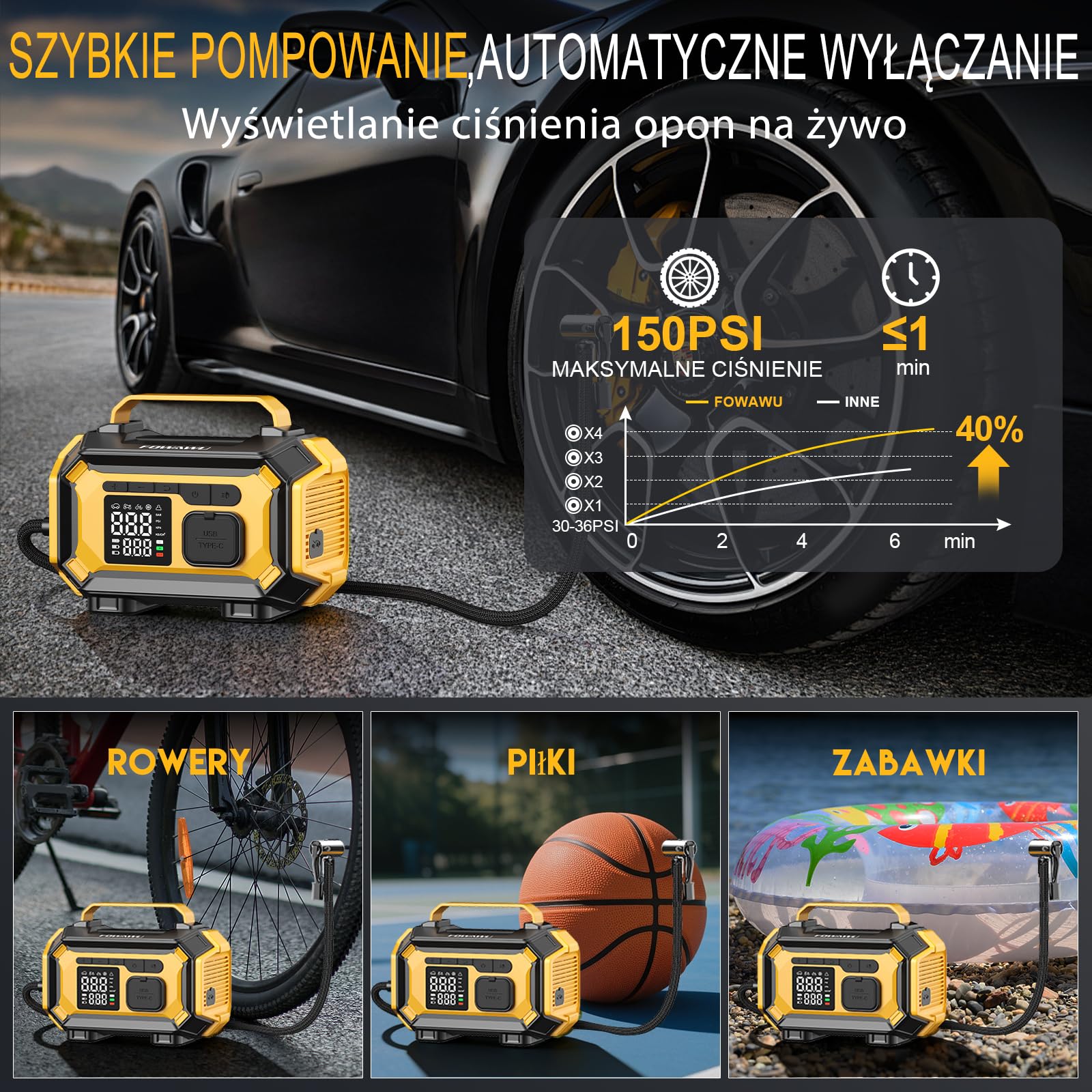 FOWAWU Rozrusznik Awaryjny, 8000A Booster Powerbank | wszystkie benzyna, diesel do 10L, kompresor 150PSI, 4 końcówki, 3 tryby LED, powerbank – idealne na podróże i zimowe rozruchy