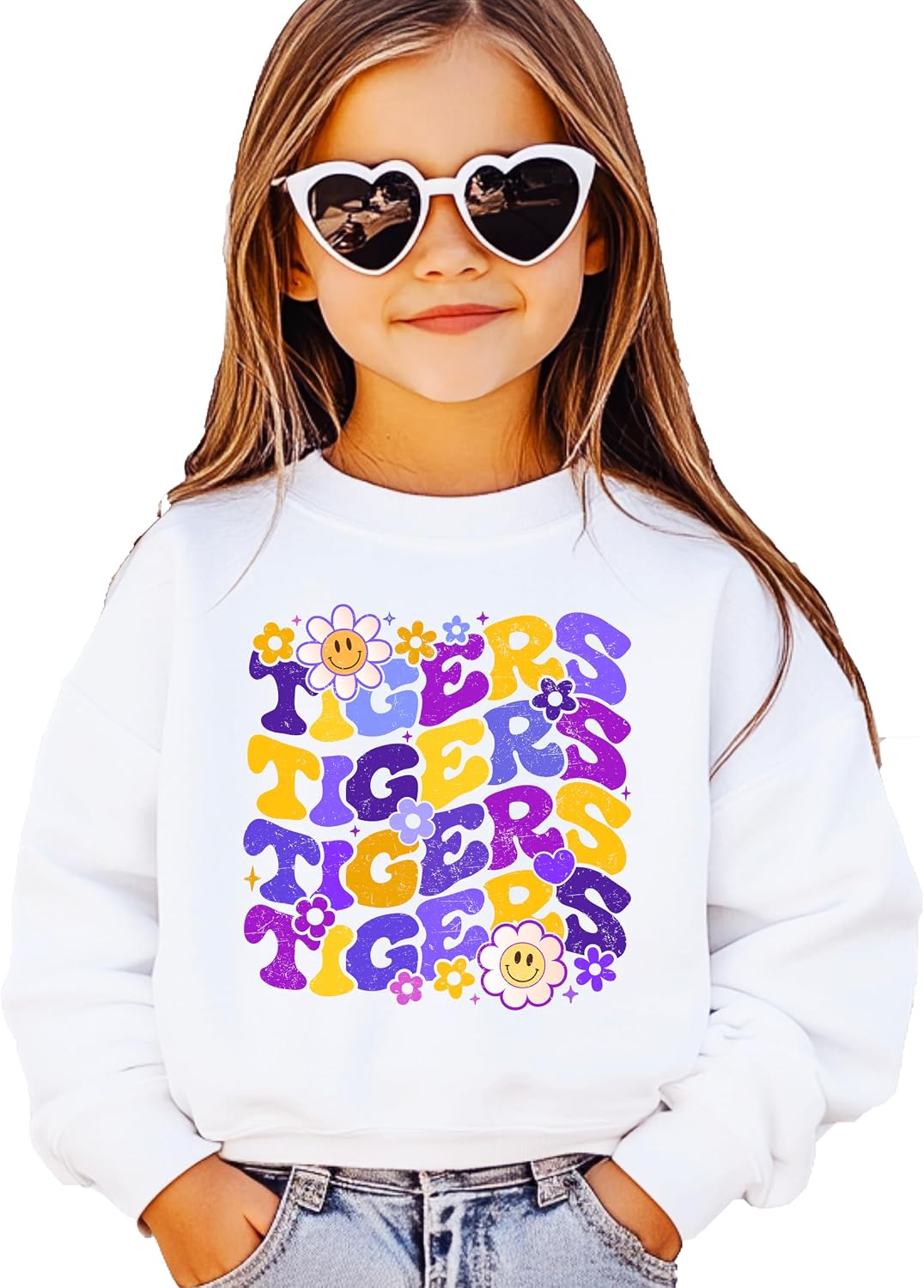 Olive Loves Apple Retro Tigers Sweatshirt for Women, Teens & Kids Trendy Purple and Yellow Team Sweater