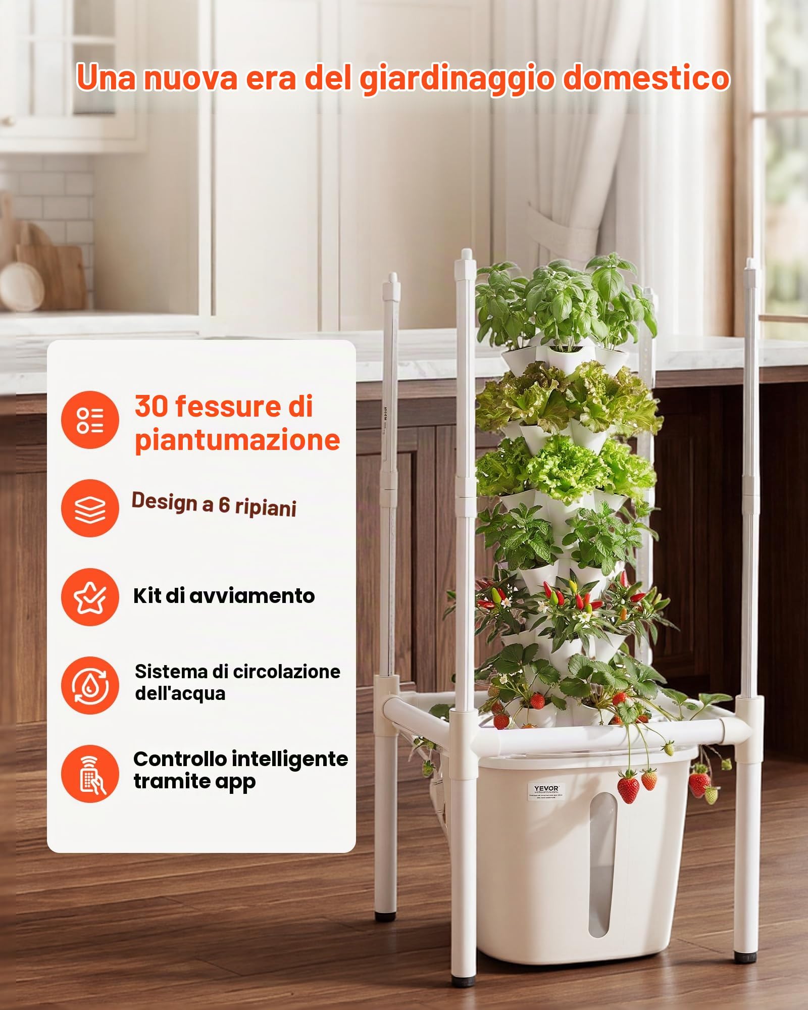 VEVOR Torre Idroponica 6 Ripiani, Sistema di Coltivazione per Piante Erbe Aromatiche Frutta Verdure Lampada LED per Coltivazione Crescita Controllo App, Torre Idroponica Serbatoio 20 Litri