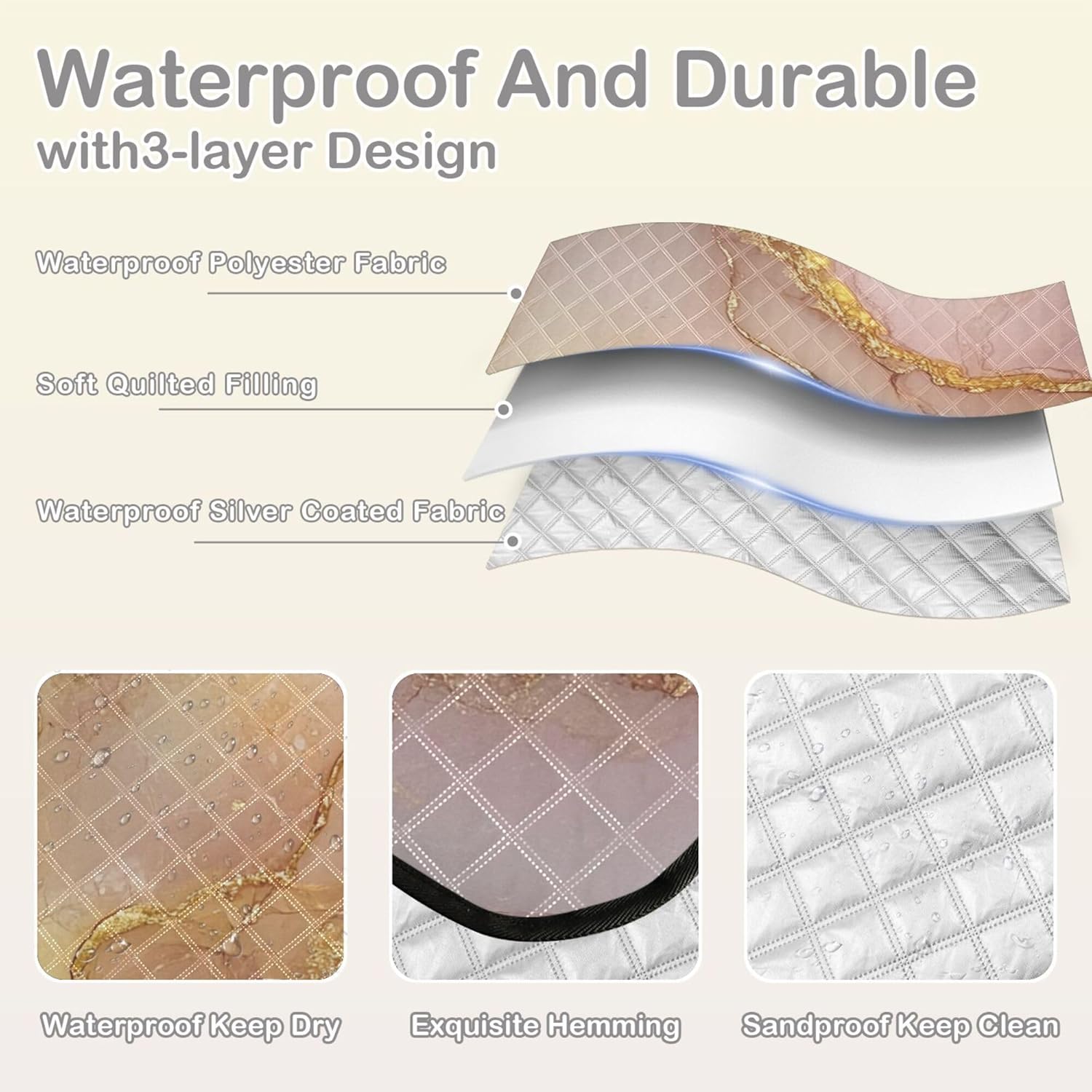 Yuiboo Marble Blush Neutral Waterproof Picnic Table Water Resistant Hiking Park Blankets Waterproof Foldable for Ground Concert Blanket esterilla para Playa
