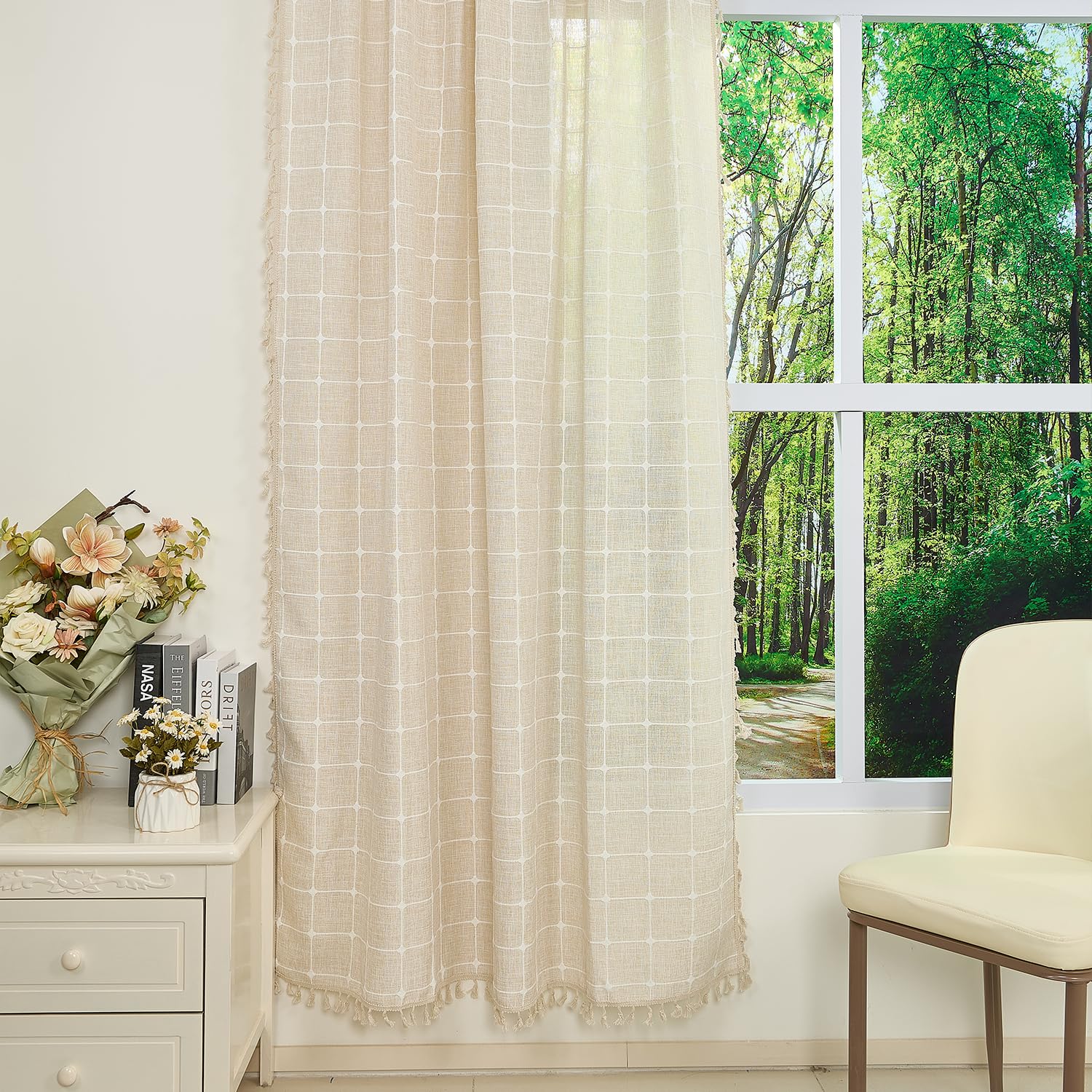 132x214cm Boho-Streifen Vorhang mit Quaste Beige Kariert,1 Stück