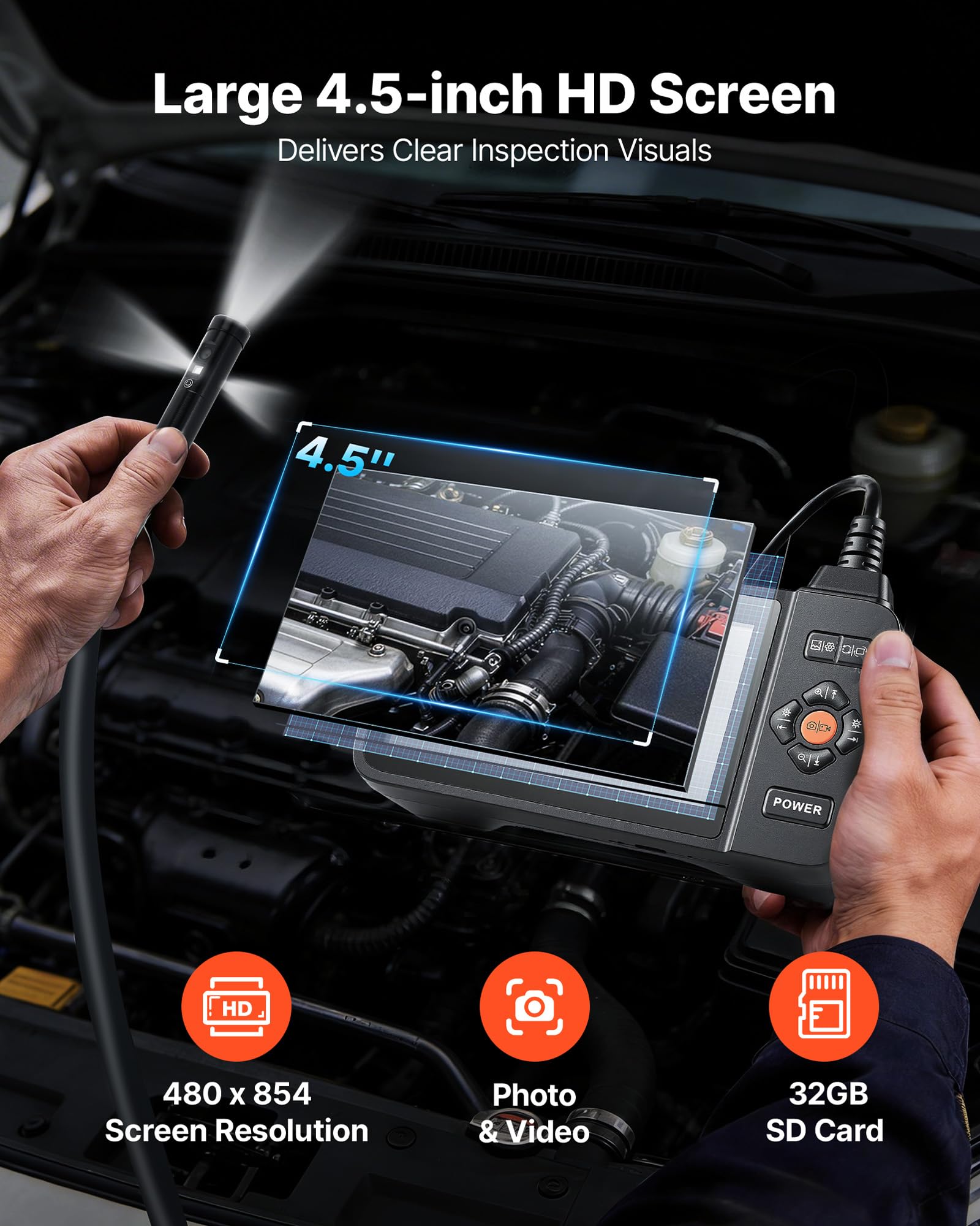VEVOR Triple Lens Endoskopkamera mit 4,5 Zoll Bildschirm, 3000mAh Akku Inspektionskamera mit 5m Kabel 8X Zoom 180° Bildrotation IP67 Wasserdicht, 8mm Industrie Endoskop mit LED für Auto Rohre Abfluss
