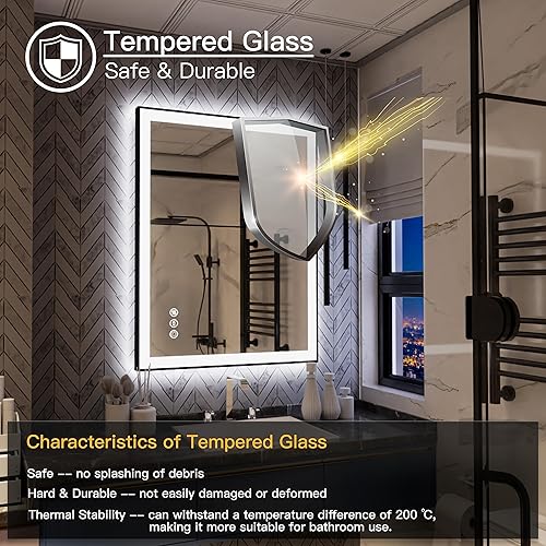 Miniatura 6 de Yamazakura Espejo de baño LED de 36 x 28 pulgadas con retroiluminación y luz frontal, espejo iluminado regulable enmarcado para pared, antivaho