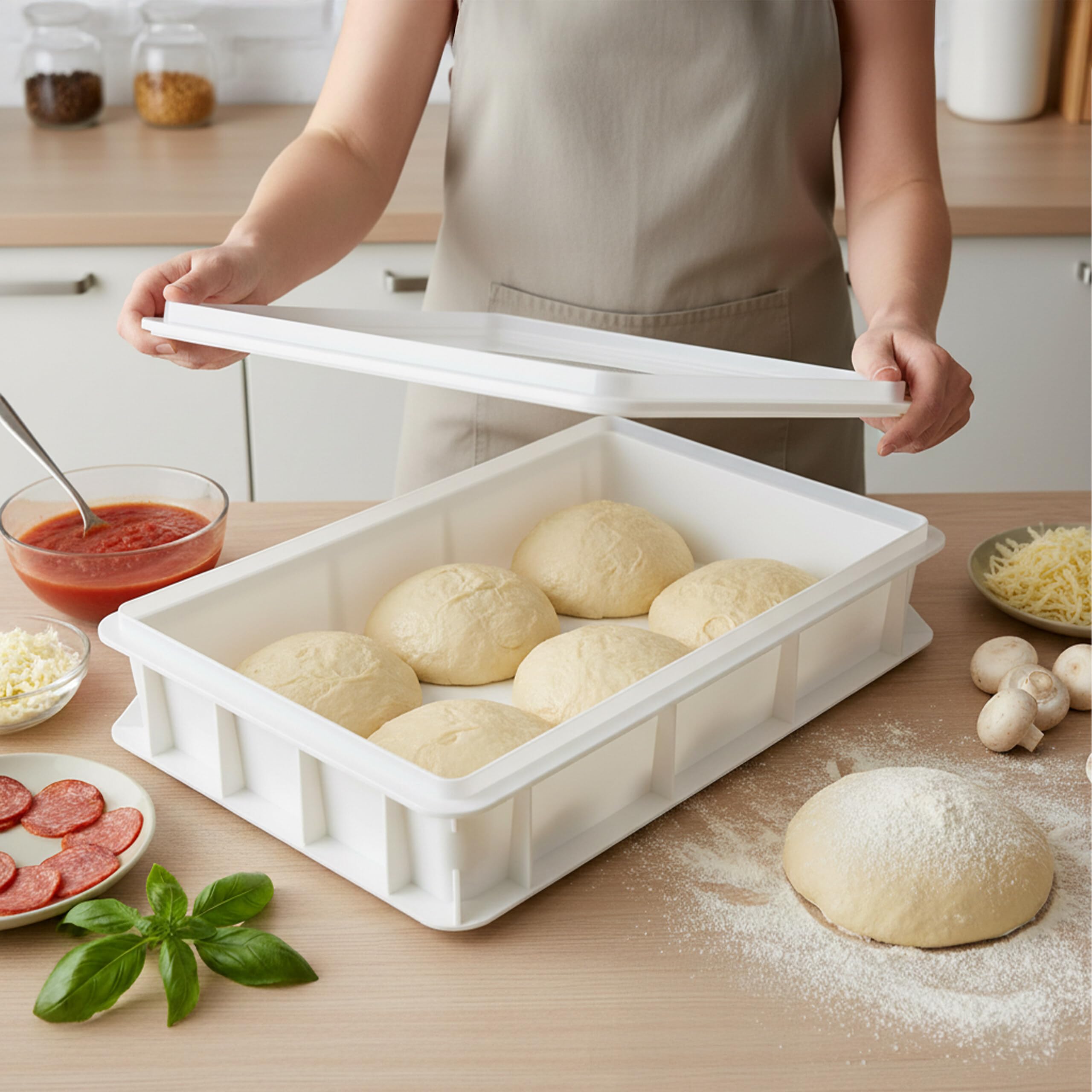 Relaxdays boîte à Boules de pâte avec Couvercle, H x L x P: 13 x 60 x 40 cm, Plastique, empilable, avec spatule, Blanche