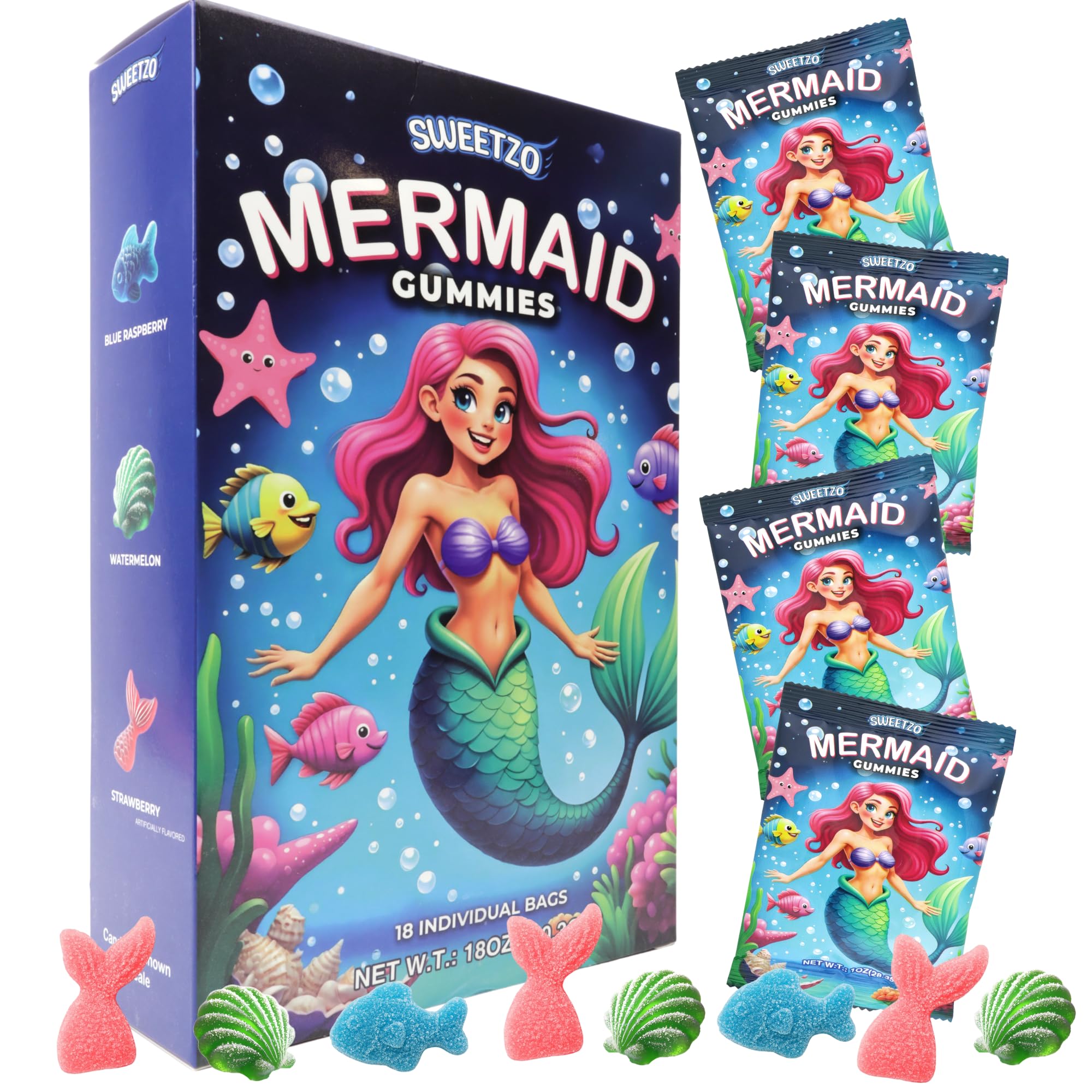 Mermaid Gummy Candy, Individual Bags for Birthday Parties, Assorted Fruit Flavors, Easter Basket Stuffers, 18 Count