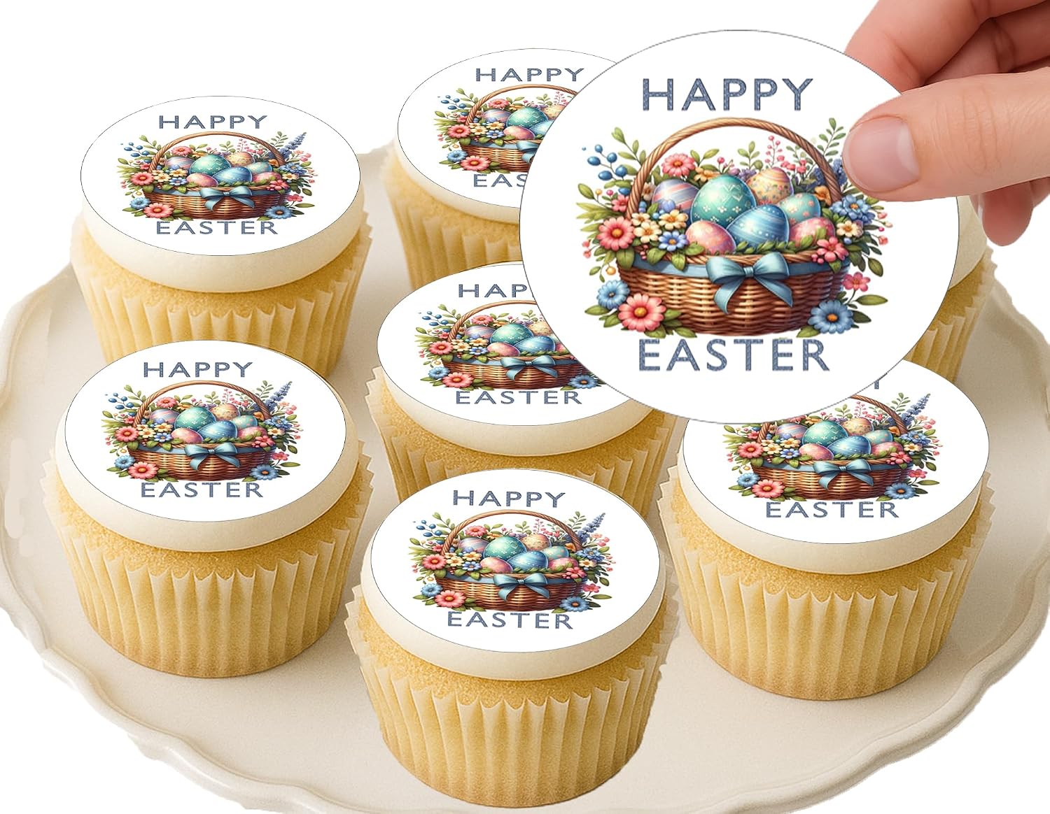 Custom Edible Cake Topper – Easter Egg Basket Design – Icing Sheet Cookie & Cupcake Images –20 Pre-cut 2” Round– RA Pape