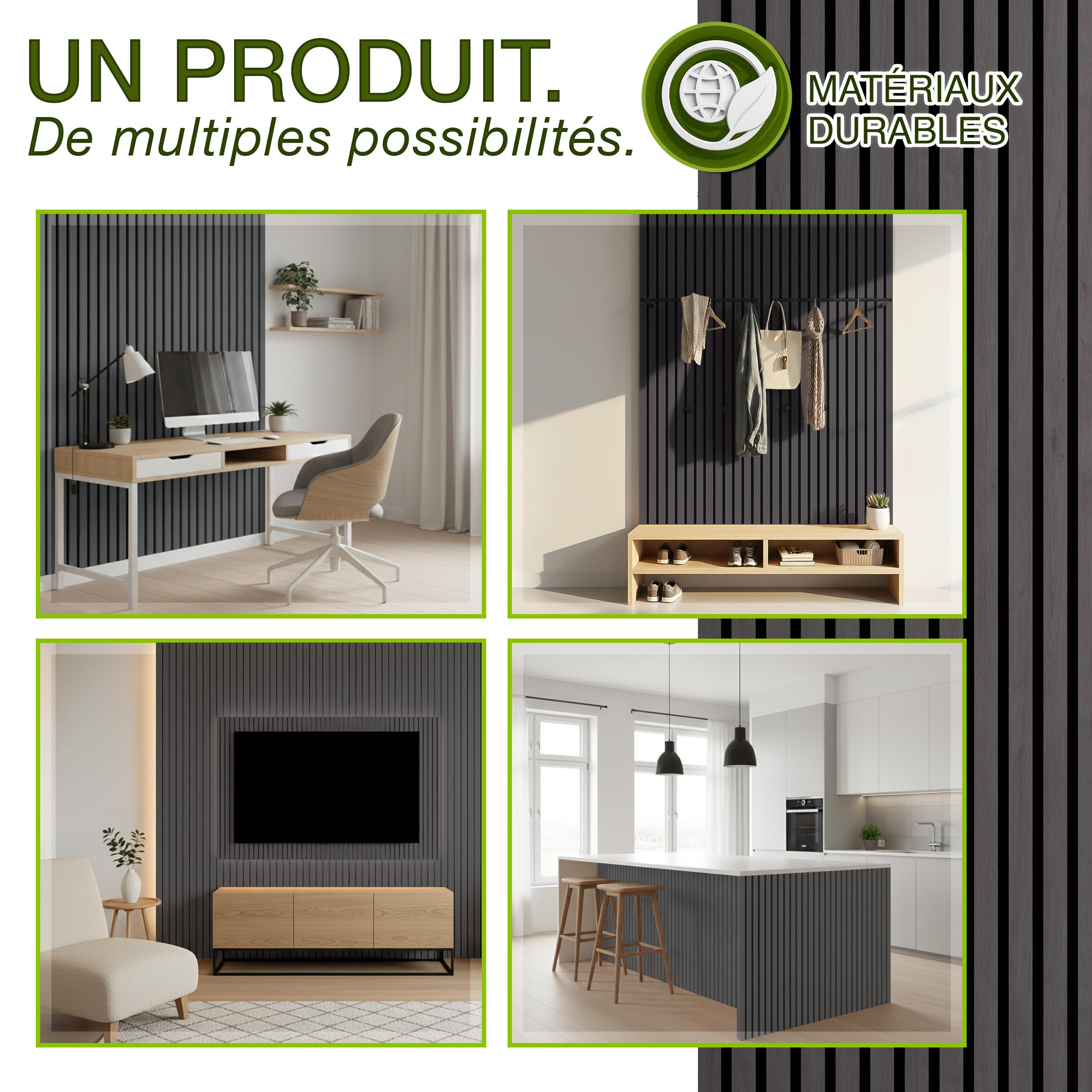 TRESKO Lot de 4 panneaux acoustiques en bois - 120 x 60 cm - Avec 8 crochets à vêtements - Revêtement mural en chêne clair comme mur à lamelles 3D - Panneaux en bois pour isolation acoustique