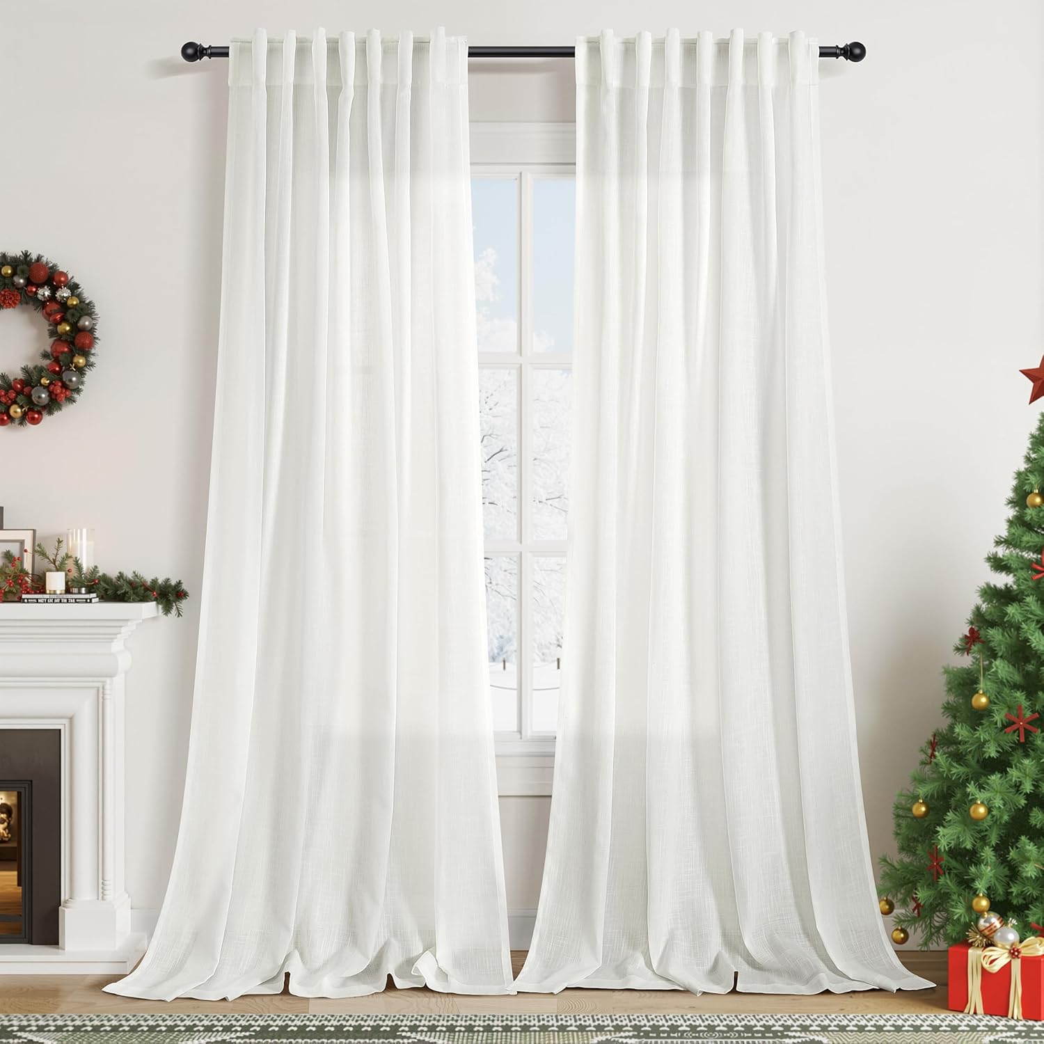 Off White Curtain 102 inches Long 2 Panels Set for Living Room Sliding Glass Door Back Tab Modern Farmhouse Coastal Decor Lightweight Cotton Textured Semi Sheer White Linen Curtains for Bedroom