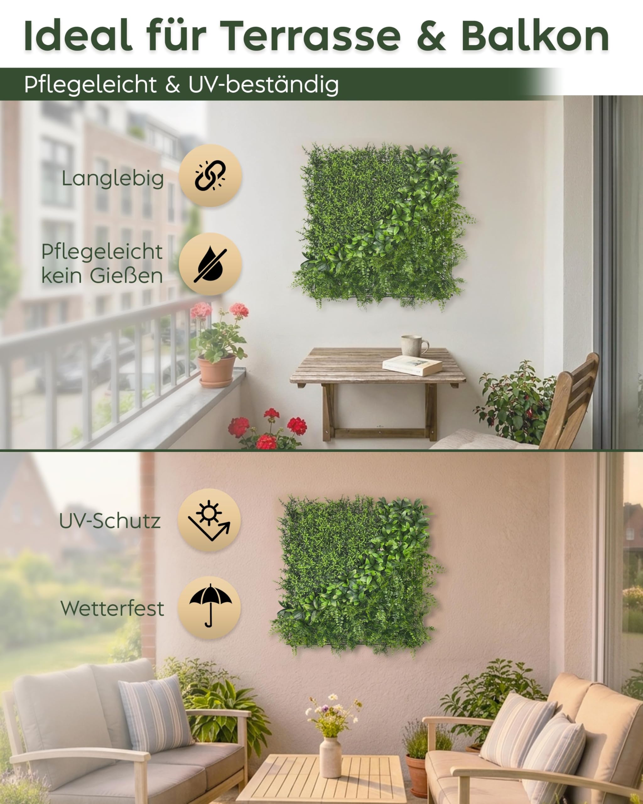 JELLE & JACOB Künstliche Pflanzenwand Indoor & Outdoor, Blumenwand Urban Jungle, 6er Set je 50x50 cm, pflegeleicht & langlebig - für Wohlfühl-Atmosphäre, Kunstpflanzen Wand, Green Wall, Pflanzen Wand