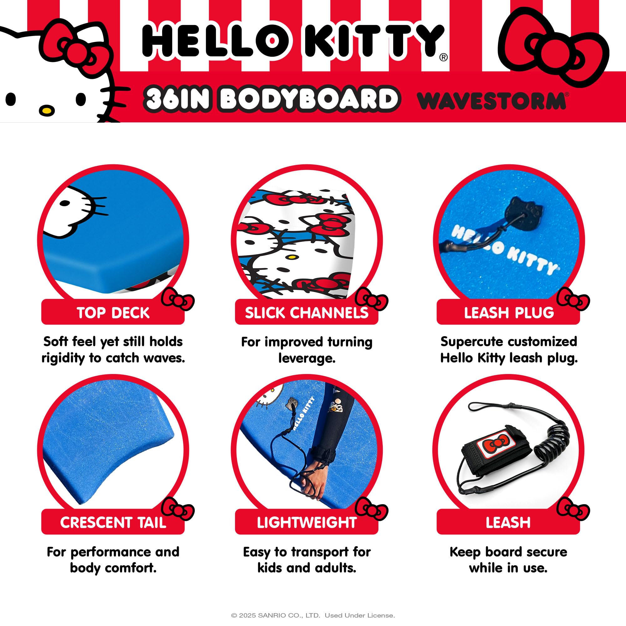 Wavestorm Hello Kitty Bodyboard, 91,4 cm, grafisches Oberdeck mit hochdichter glatter Unterseite, Schaumstoff-Konstruktion mit Zubehör, inklusive verbesserter Spiral-Leine, 2 Stück