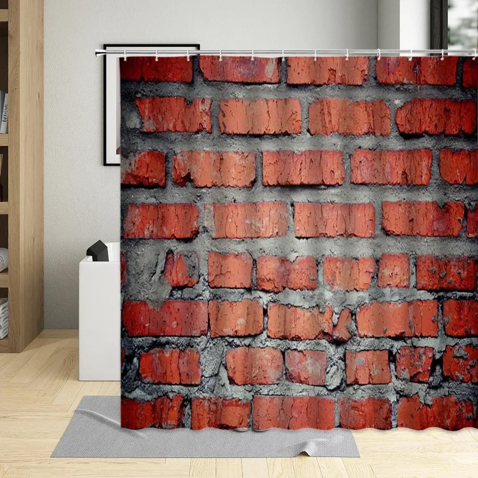 Rideau de douche texture brique en pierre style rétro rouge gris blanc 137x198cm