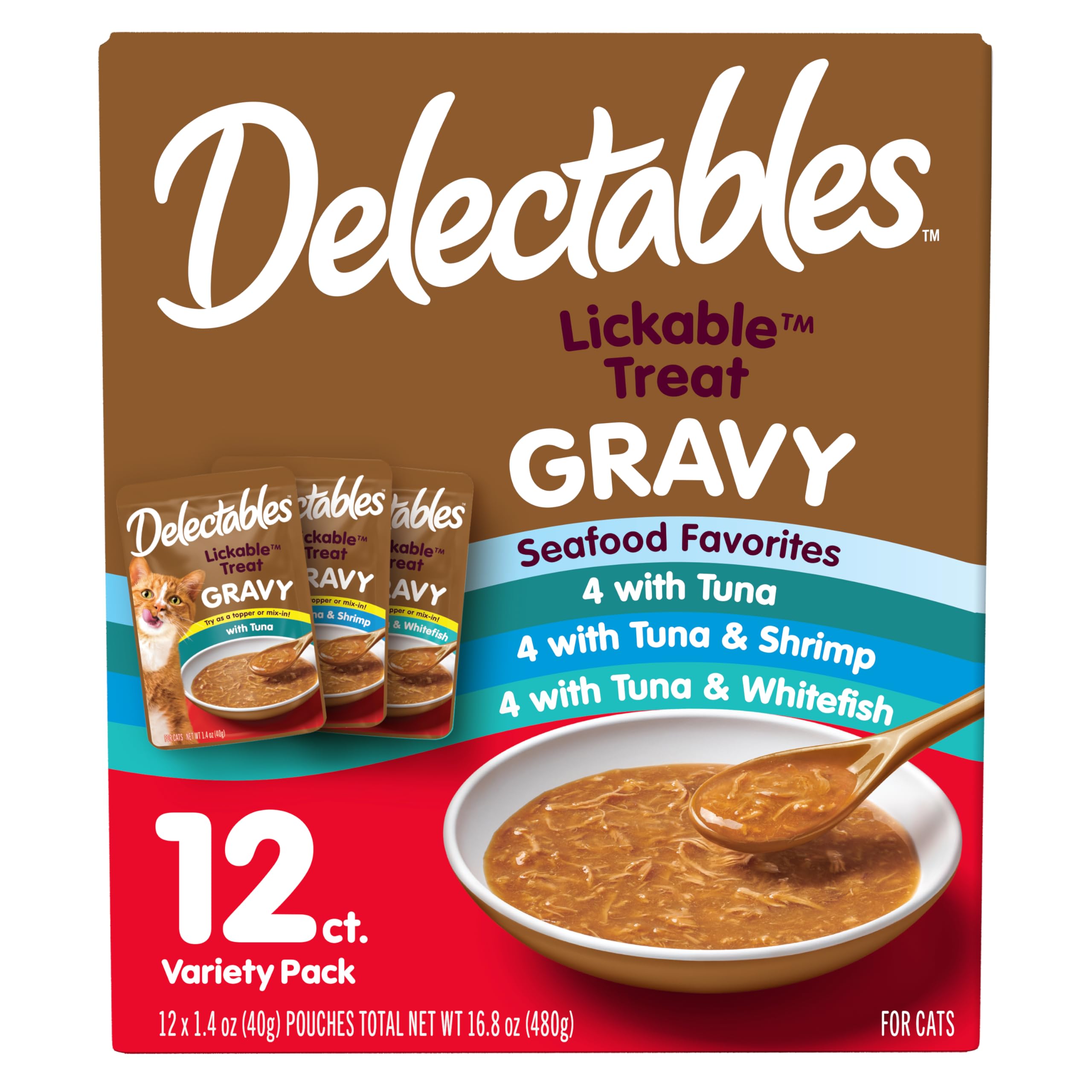 Delectables Lickable Treat Gravy Seafood Variety Wet Cat Treat &amp; Food Topper, Food Topper, Hydrating, Grain-Free, No Fillers, No by-Products, No Added Preservatives, 1.4-oz Pouch, 12 Count