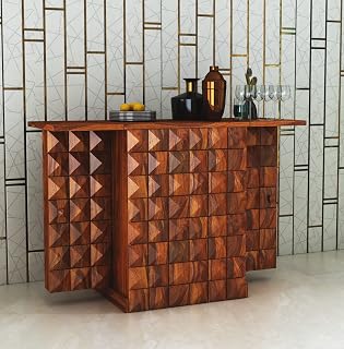 Ganpati Arts Sheesham Wood Oslo Bar Cabinet with Storage for Living Room Wooden Bar Cabinet with Glass & Wine Storage Rack with Drawer (Natural Finish) 1 Year Warranty