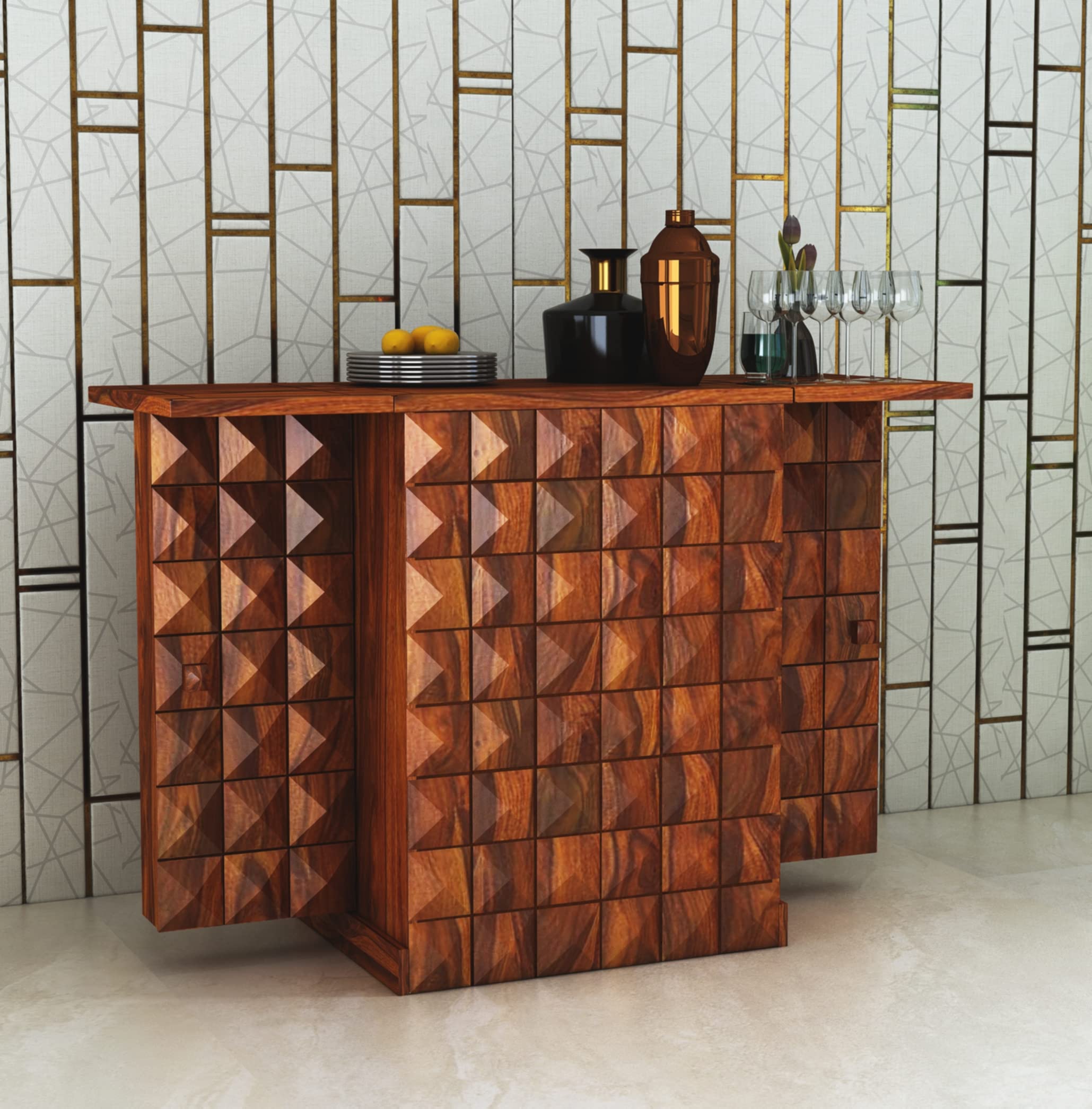 Oslo Bar Cabinet, Twelve Built-in Wine Rack, Double Door Cabinet, Two Shelves -Dark Walnut